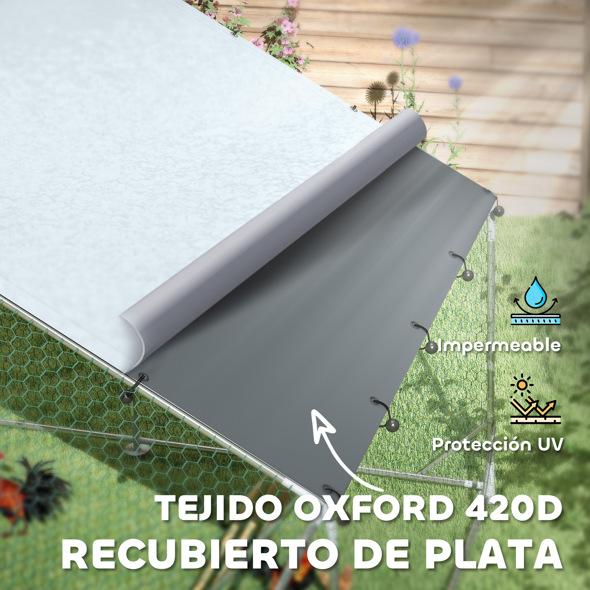 Tela Oxford gris y blanca, parcialmente enrollada, con texto sobre protección UV y resistencia al agua.