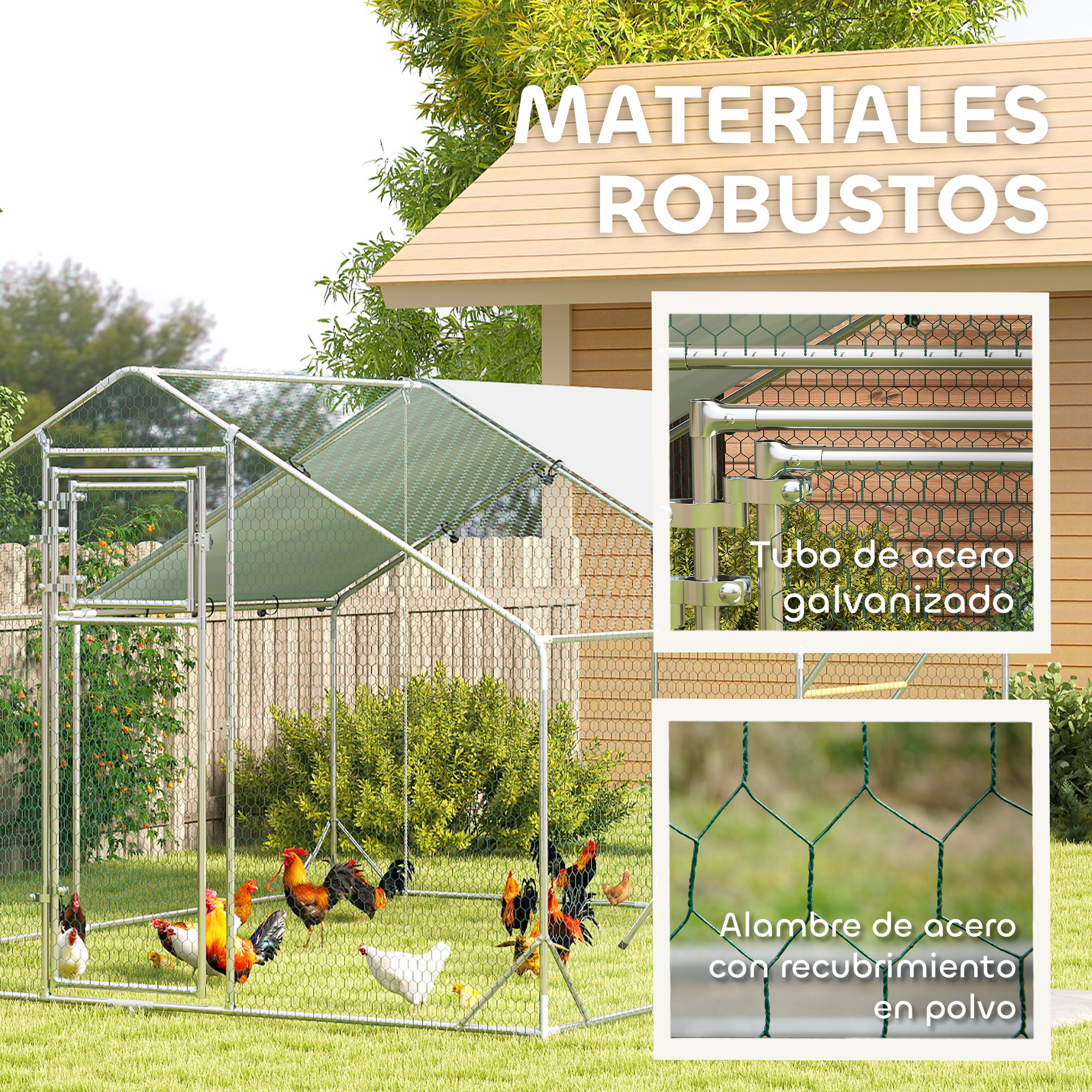 Se muestra un gallinero en el exterior, destacando sus materiales robustos y detalles de construcción.