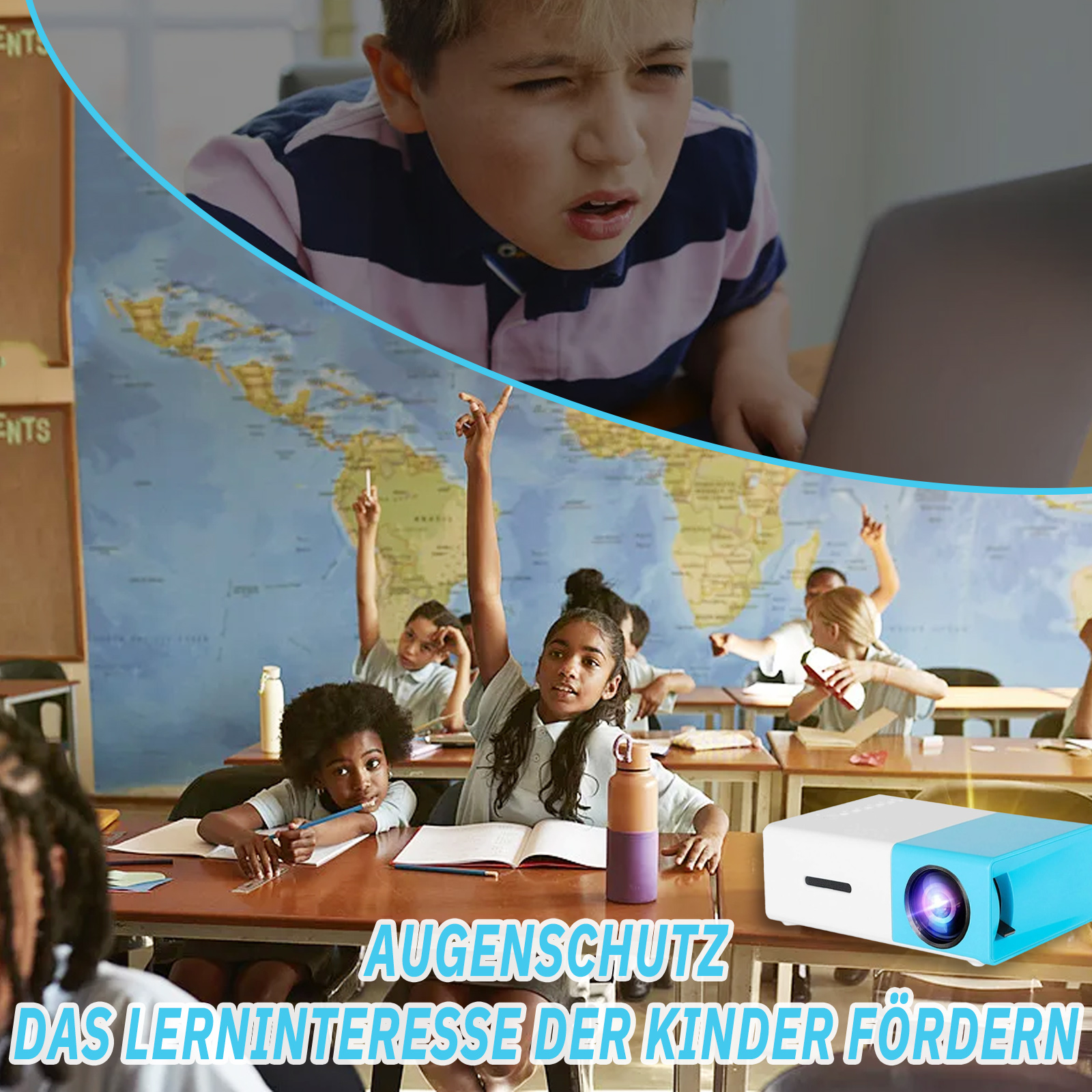 Klassenzimmerszene mit Schülern, Laptop und Projektor, der eine Weltkarte anzeigt.