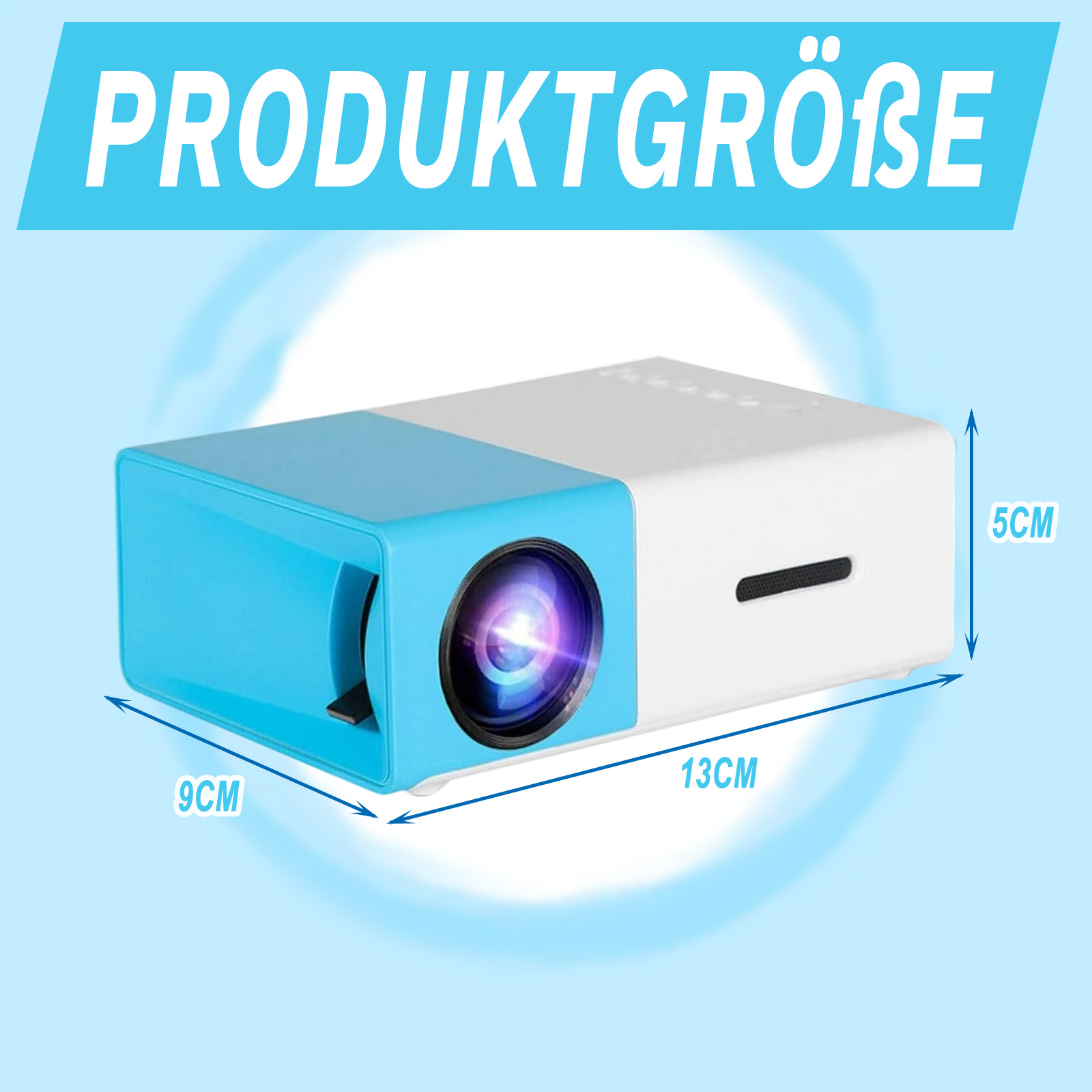 Ein weißer und blauer Projektor mit den Maßen 9 cm, 13 cm und 5 cm.