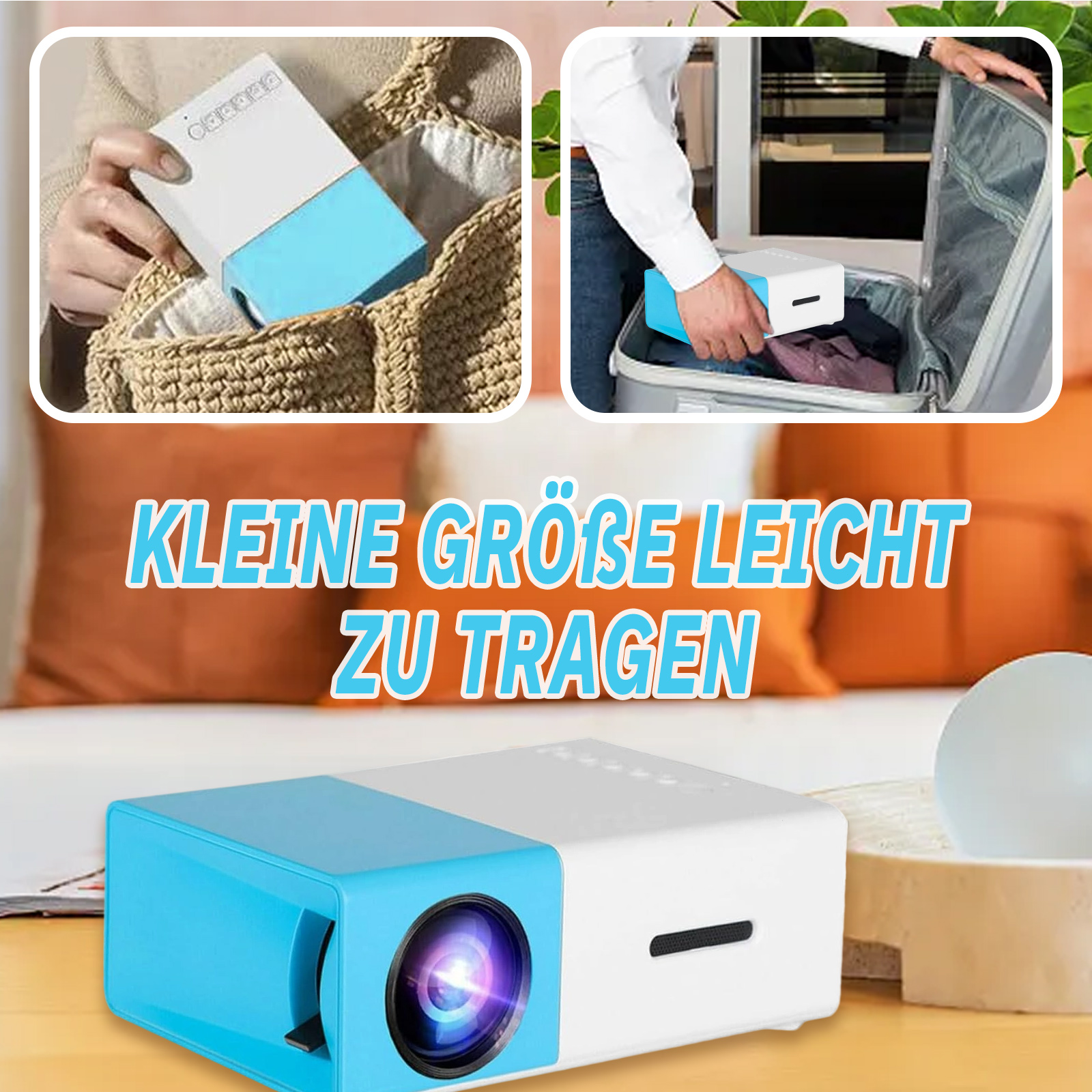 Ein kleiner weißer und blauer Projektor in verschiedenen Szenarien: in einer Tasche, einem Koffer und auf einem Tisch.