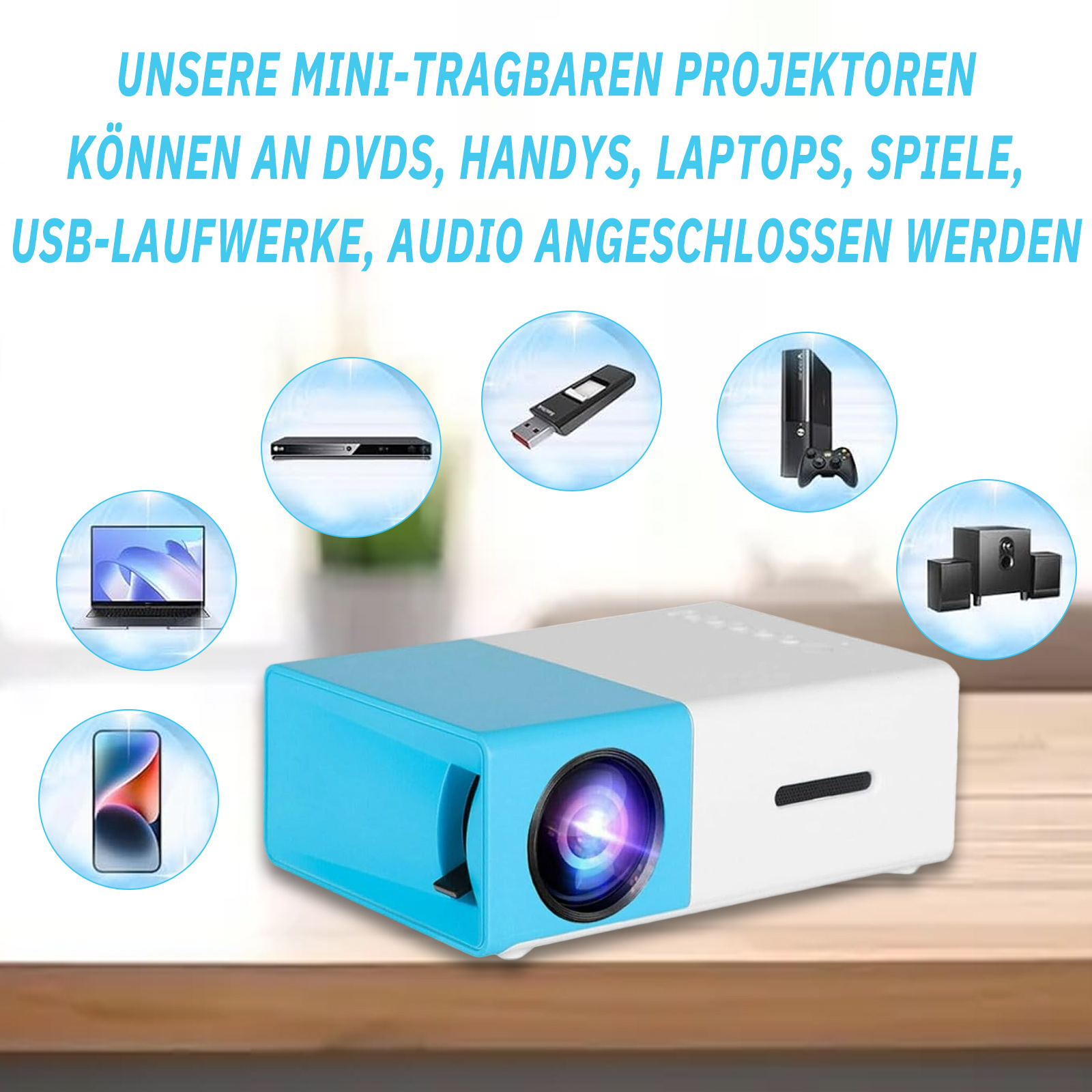 Ein weiß-blauer Mini-Projektor mit einer Vielzahl von Geräten in einem Kreis.