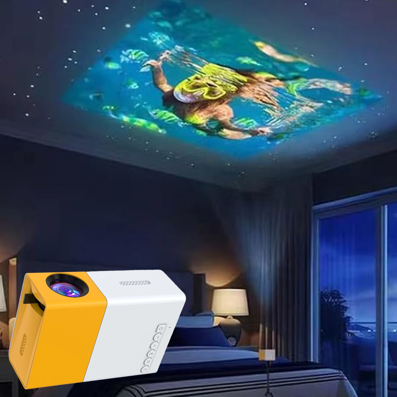 Ein Projektor projiziert eine Unterwasserszene an eine Decke in einem dunklen Raum.
