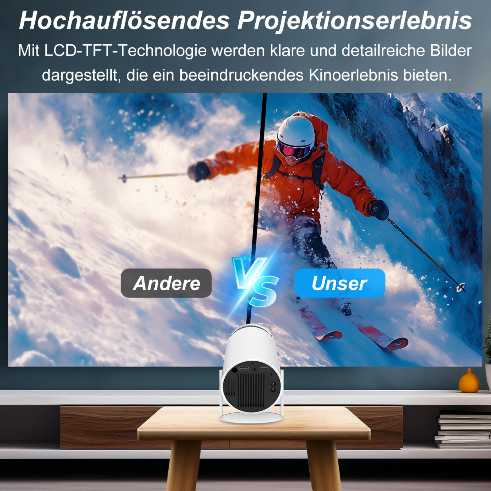 Ein Projektor, der eine Skiszene projiziert. 'Andere' vs. 'Unser' werden auf dem Bildschirm gezeigt.