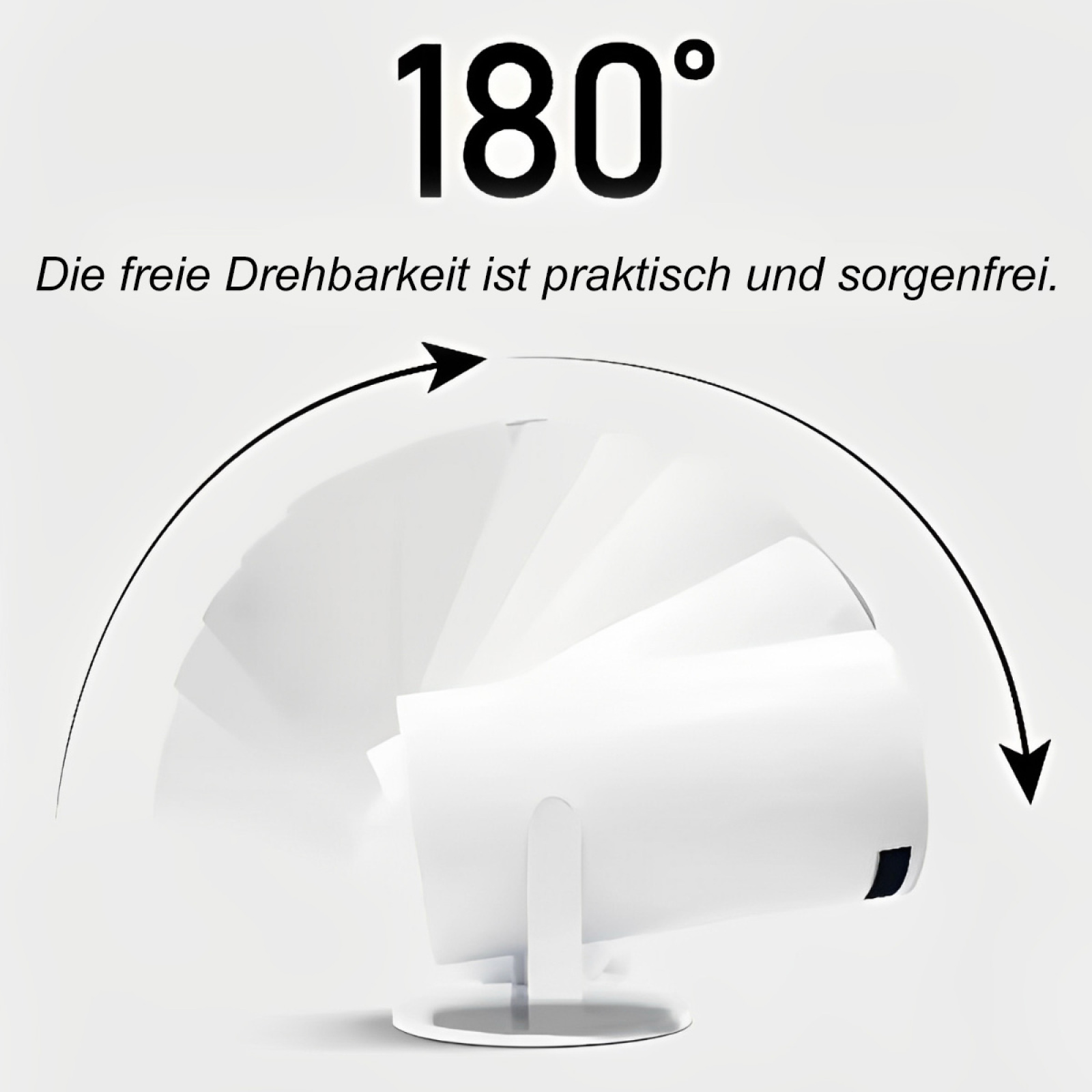 Ein weißer Projektor auf einem Ständer, mit einem Pfeil, der eine 180-Grad-Drehung anzeigt.
