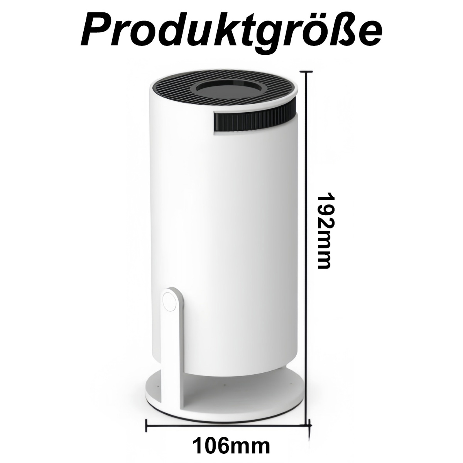 Weißer Luftreiniger, zylindrische Form, mit Maßangaben.