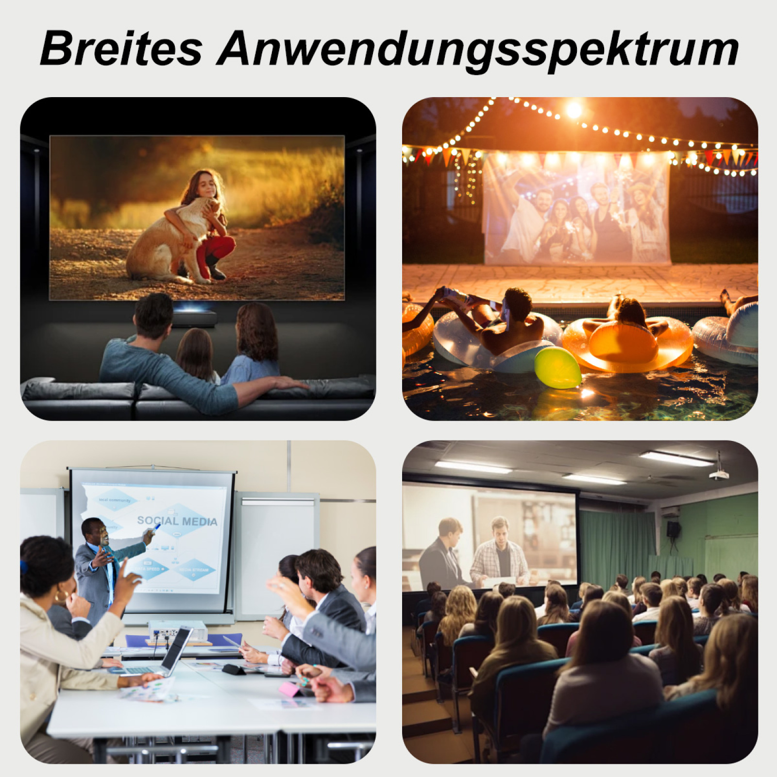 Vier Bilder, die verschiedene Projektornutzungen zeigen: eine Familie, Menschen in einem Pool, eine Präsentation und ein Hörsaal.