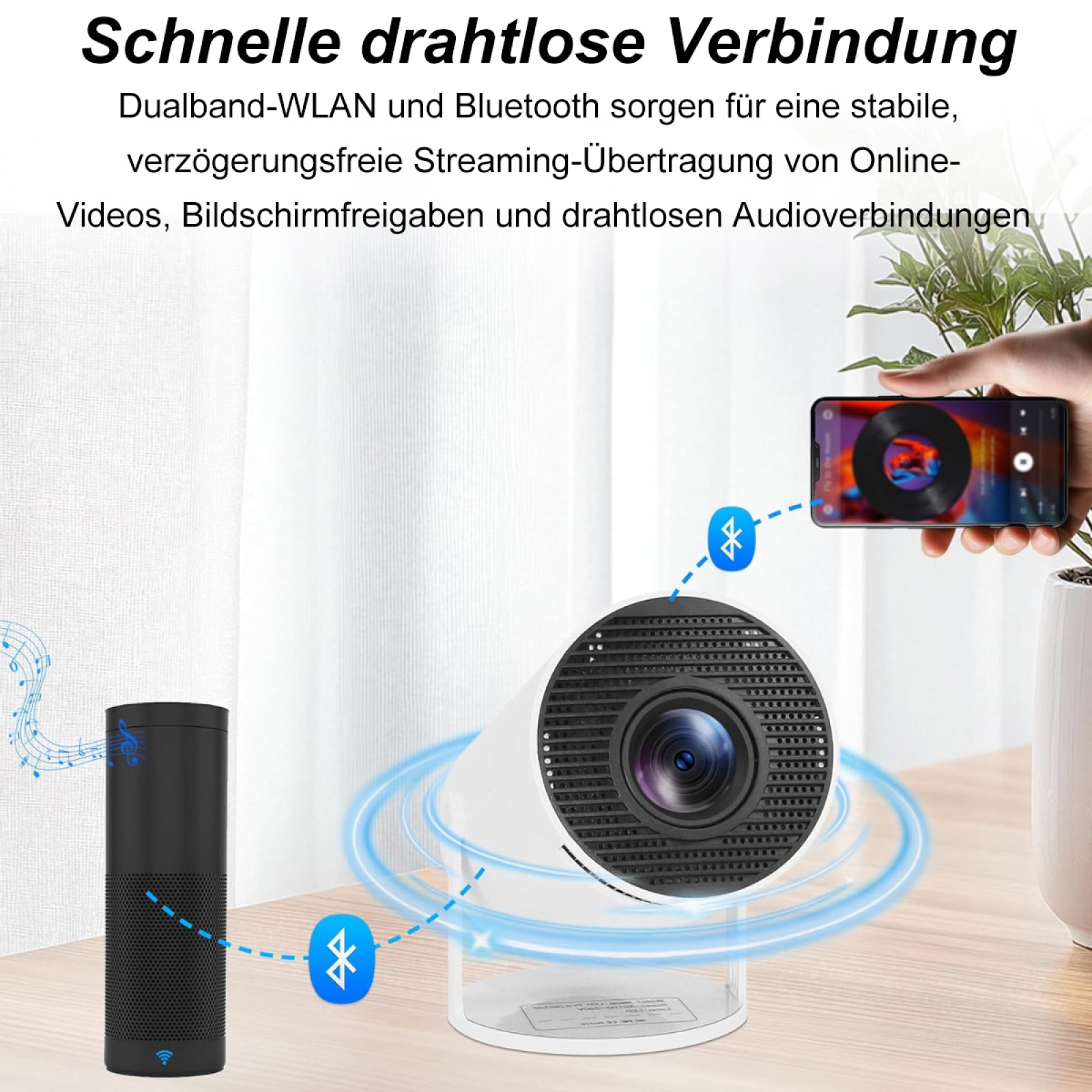 Ein Projektor neben einem Lautsprecher und einem Telefon. Das Telefon ist per Bluetooth mit dem Projektor verbunden.