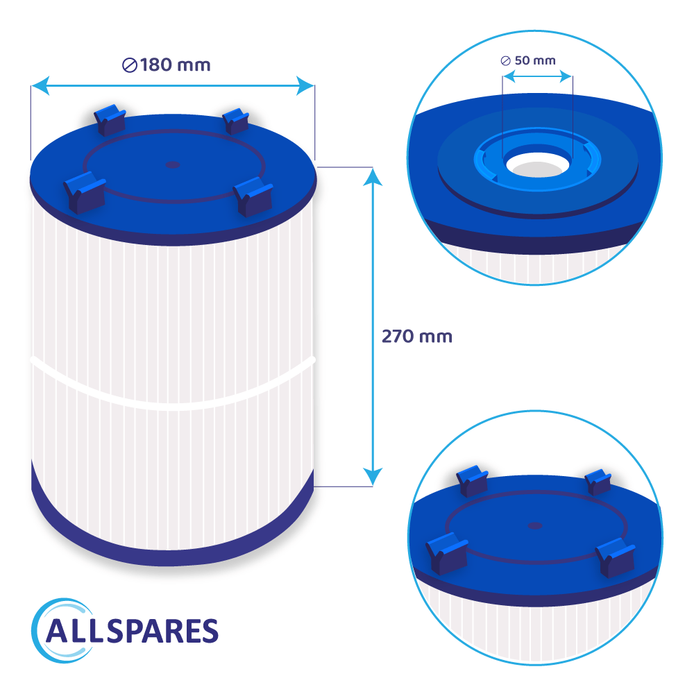 Diagramma di un filtro bianco e blu. Dimensioni: 180 mm di diametro, 270 mm di altezza, foro di 50 mm.