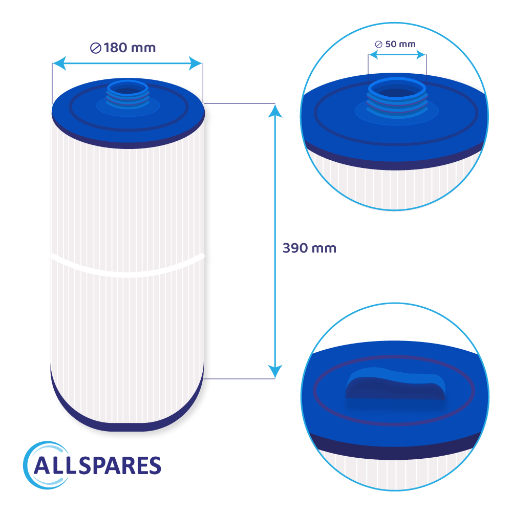 Diagramma di un filtro bianco e blu. Dimensioni: 180 mm di diametro, 390 mm di altezza, foro di 50 mm.