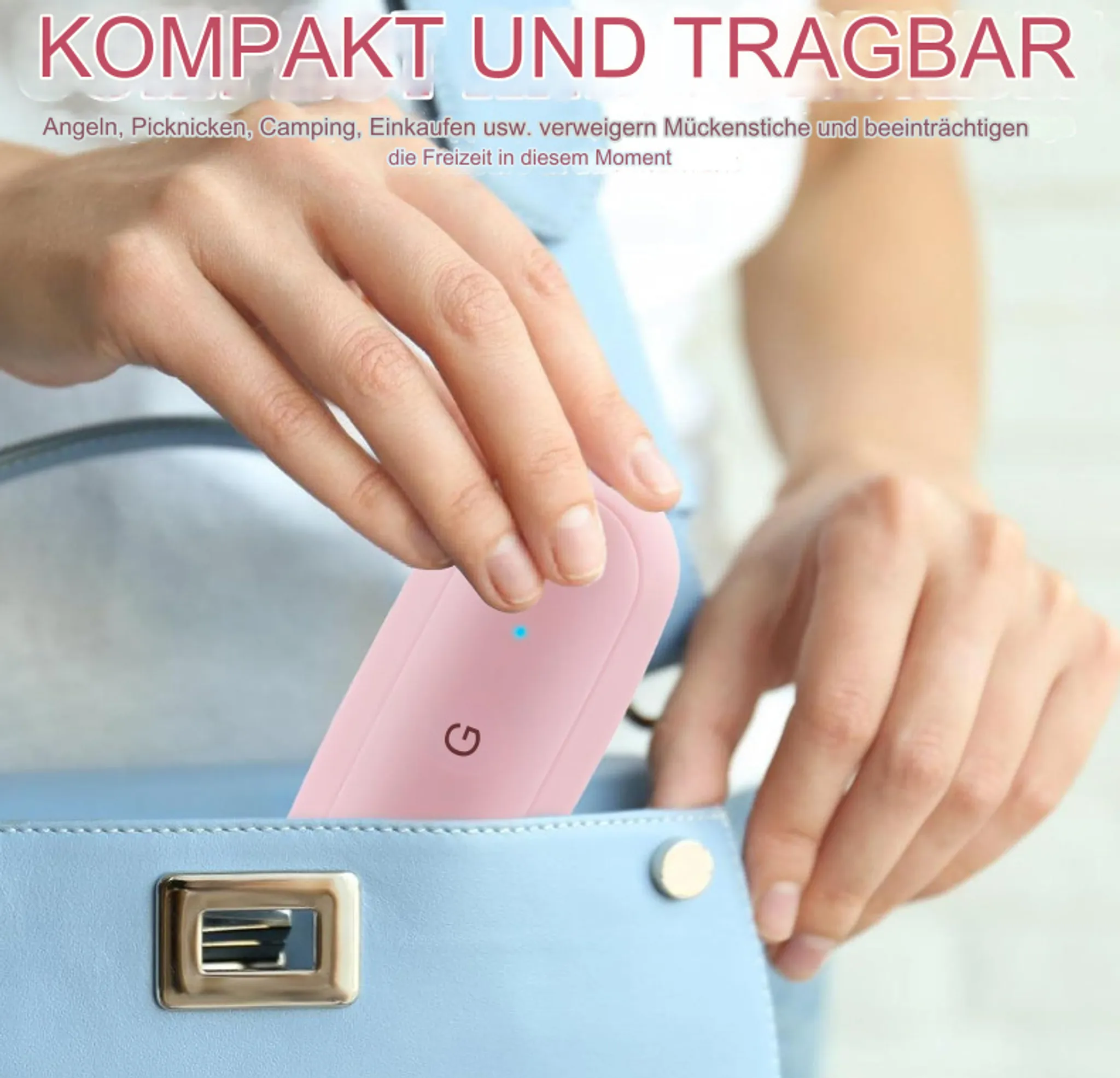 Ein rosa Gerät in einer blauen Handtasche. Text auf Deutsch beschreibt die Tragbarkeit für Aktivitäten wie Angeln.