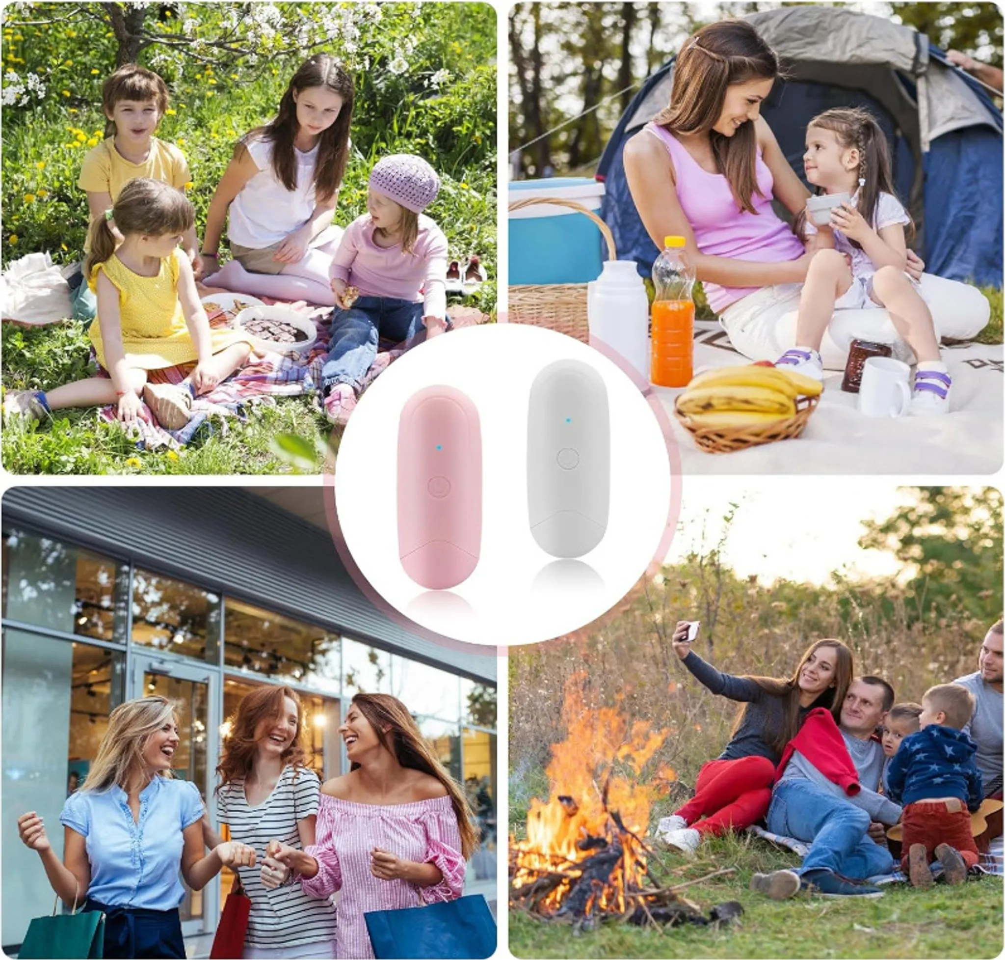 Eine Collage, die Menschen in verschiedenen Umgebungen im Freien zeigt. Sie enthält ein Picknick, Camping und eine Einkaufsszene.