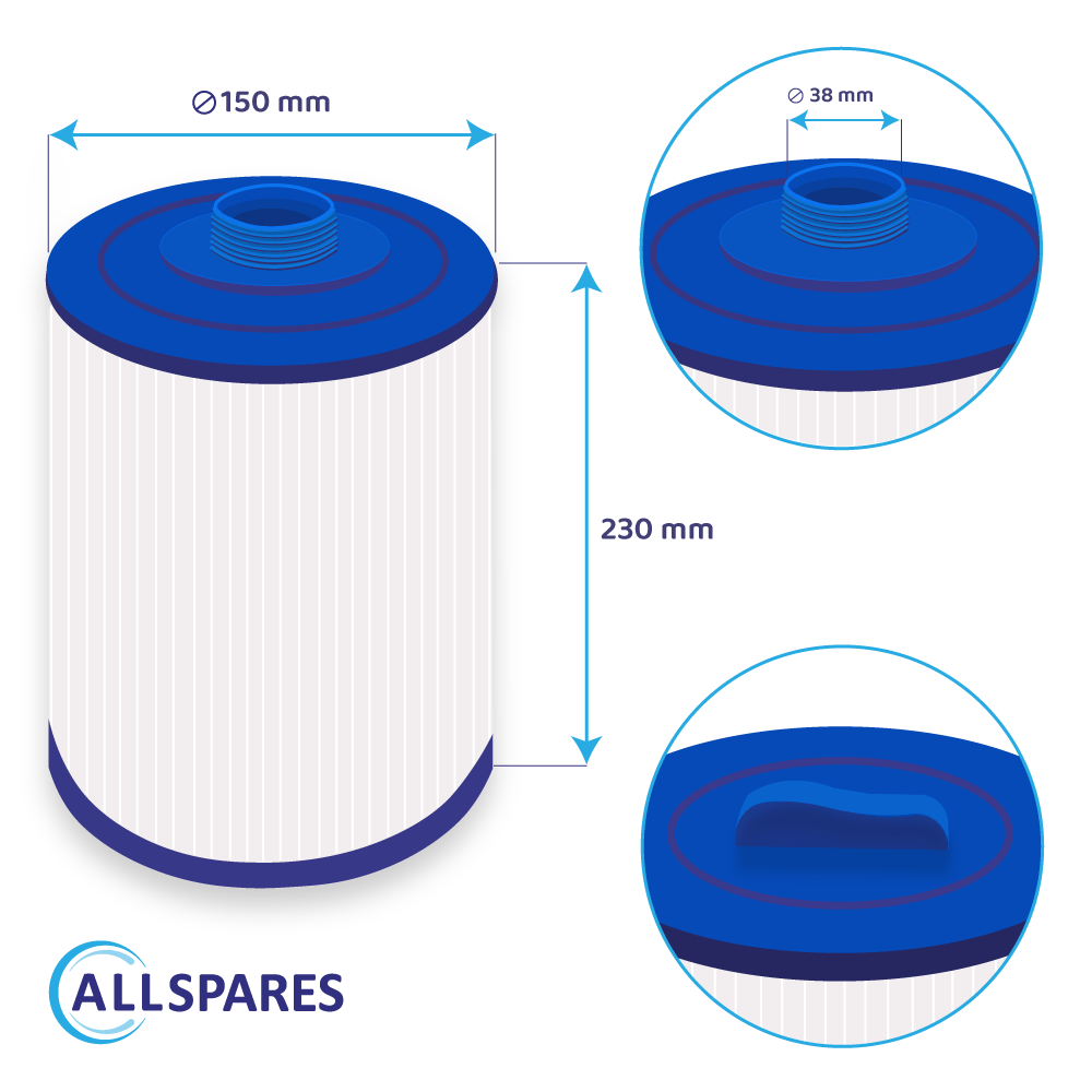 Un filtro cilindrico con dimensioni visualizzate. È bianco, blu e ha il logo Allspares. Viene mostrata una vista dettagliata.