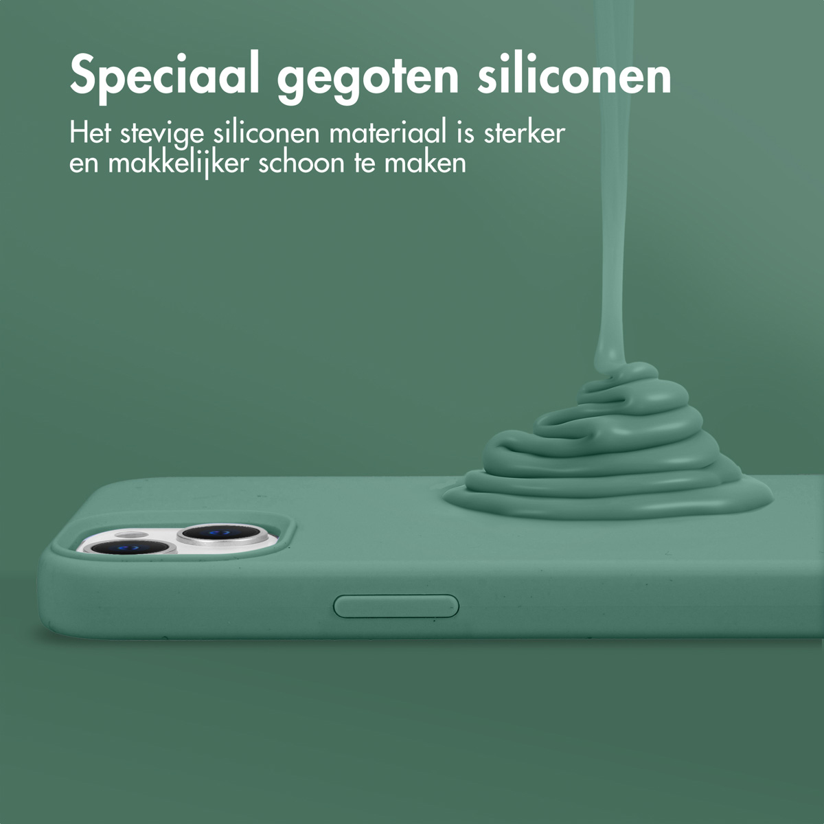 Groene siliconen worden over een bijpassend telefoonhoesje gegoten, waarbij de gladde textuur en camerabescherming worden benadrukt.