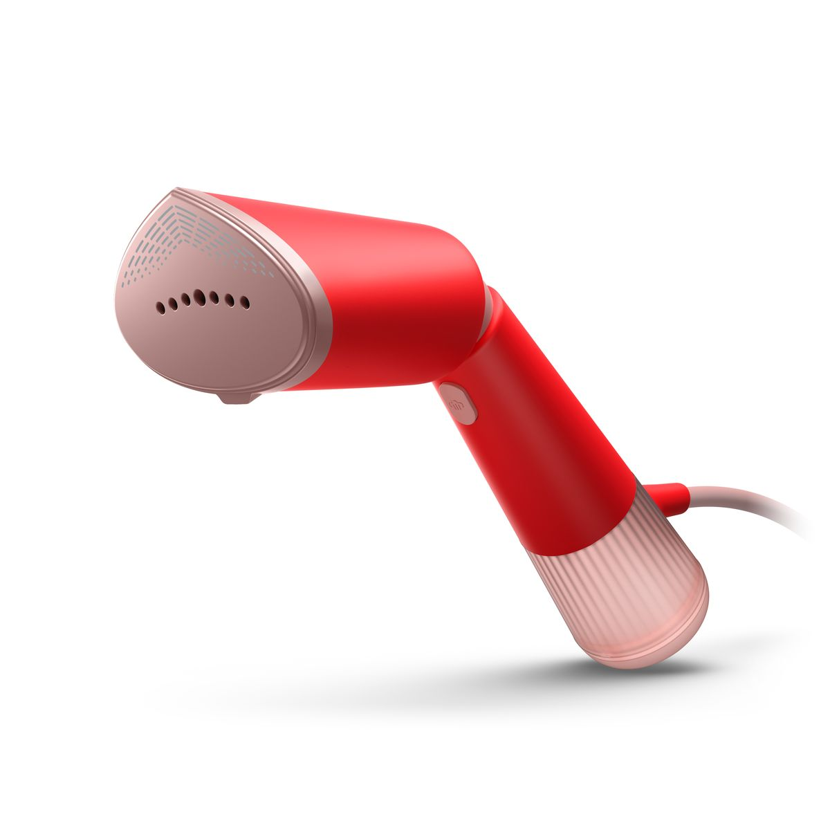Roter und pinkfarbener Handdampfer auf weißem Hintergrund. Verfügt über eine Düse mit Löchern und einen Griff.