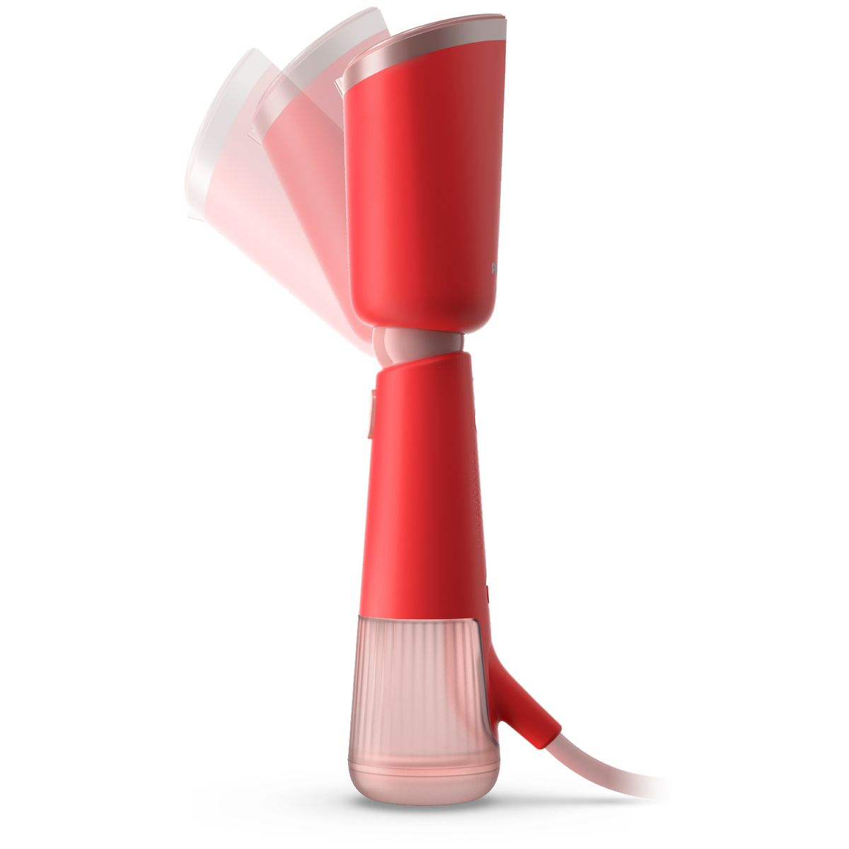 Roter und weißer Handdampfgarer. Die Basis ist transparent. Der obere Abschnitt hat ein gebogenes Design.