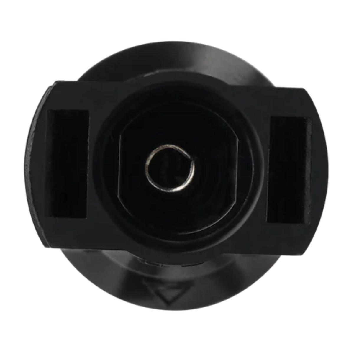 Czarny plastikowy komponent z okrągłym otworem i dwoma prostokątnymi sekcjami na białym tle.