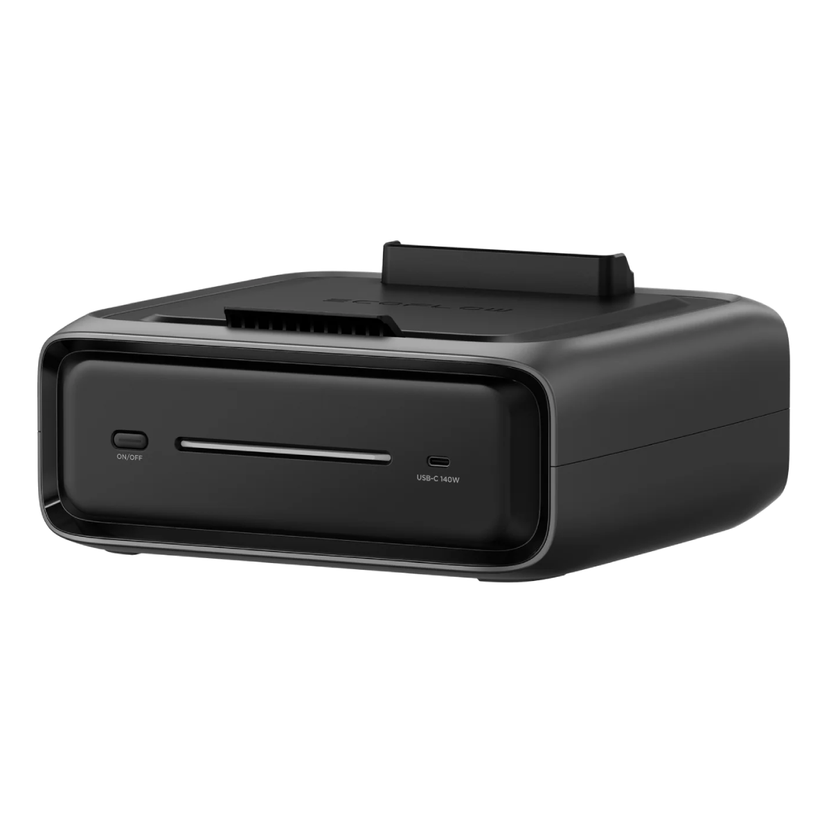 Dispositivo nero con etichette 'ON/OFF' e 'USB-C 140W' su sfondo bianco. Ha una fessura.