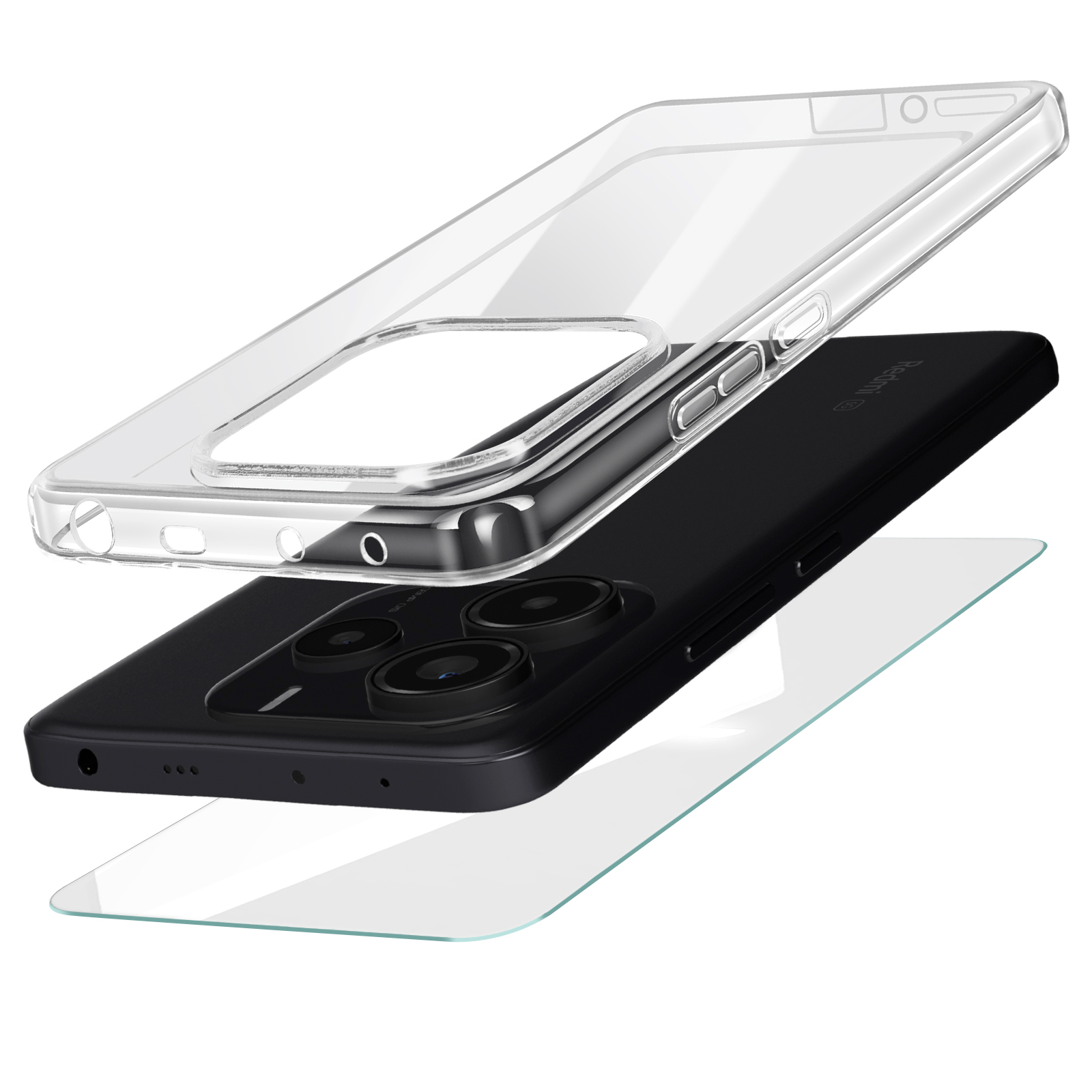 Un telefono con custodia e protezione schermo, tutto in aria. Il telefono è nero. Custodia e protezione sono trasparenti. Sfondo bianco.