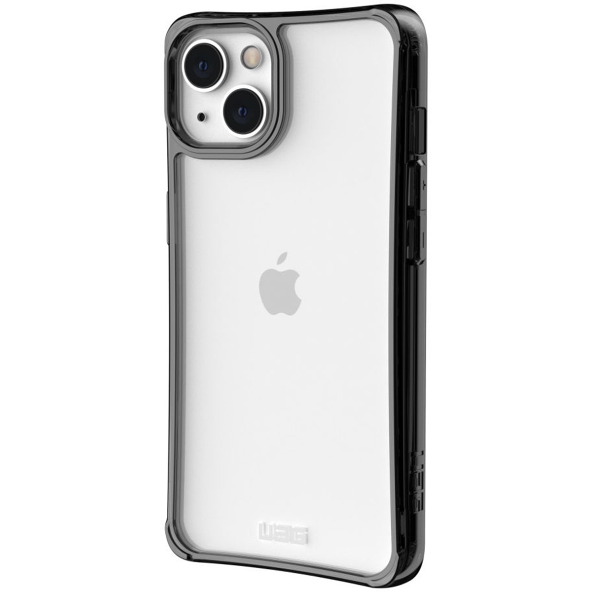 Funda transparente para iPhone. El teléfono tiene tres lentes de cámara. El logotipo de Apple es visible. Logotipo de UAG en la parte inferior.
