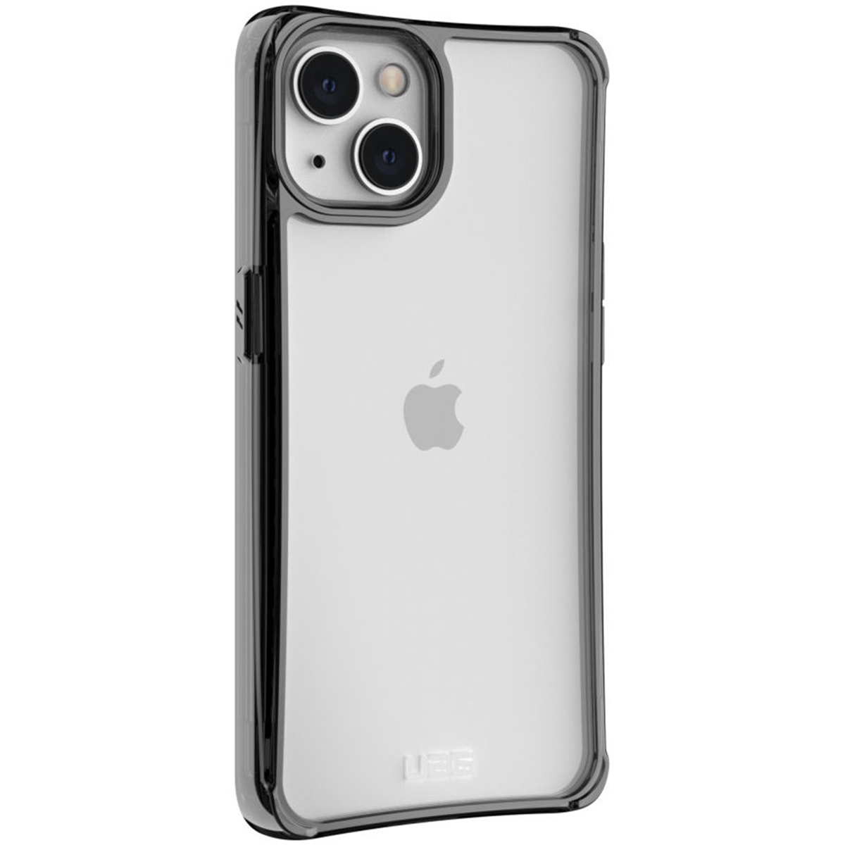 Funda transparente para iPhone. El borde es negro. El logotipo de Apple es visible.