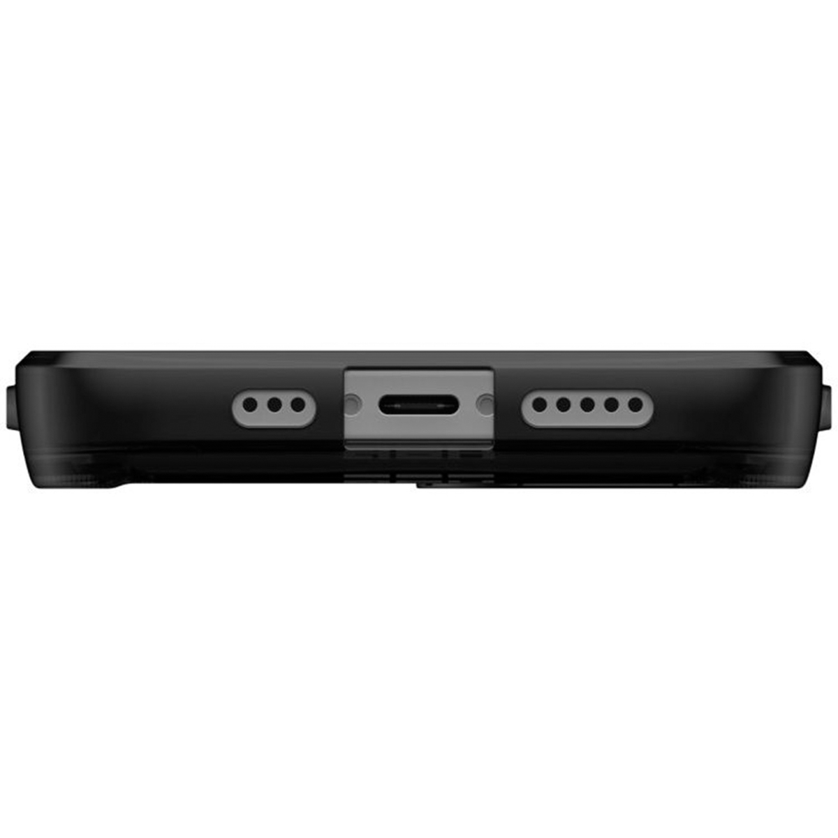 La parte inferior de una funda negra con aberturas para cargar y altavoces.