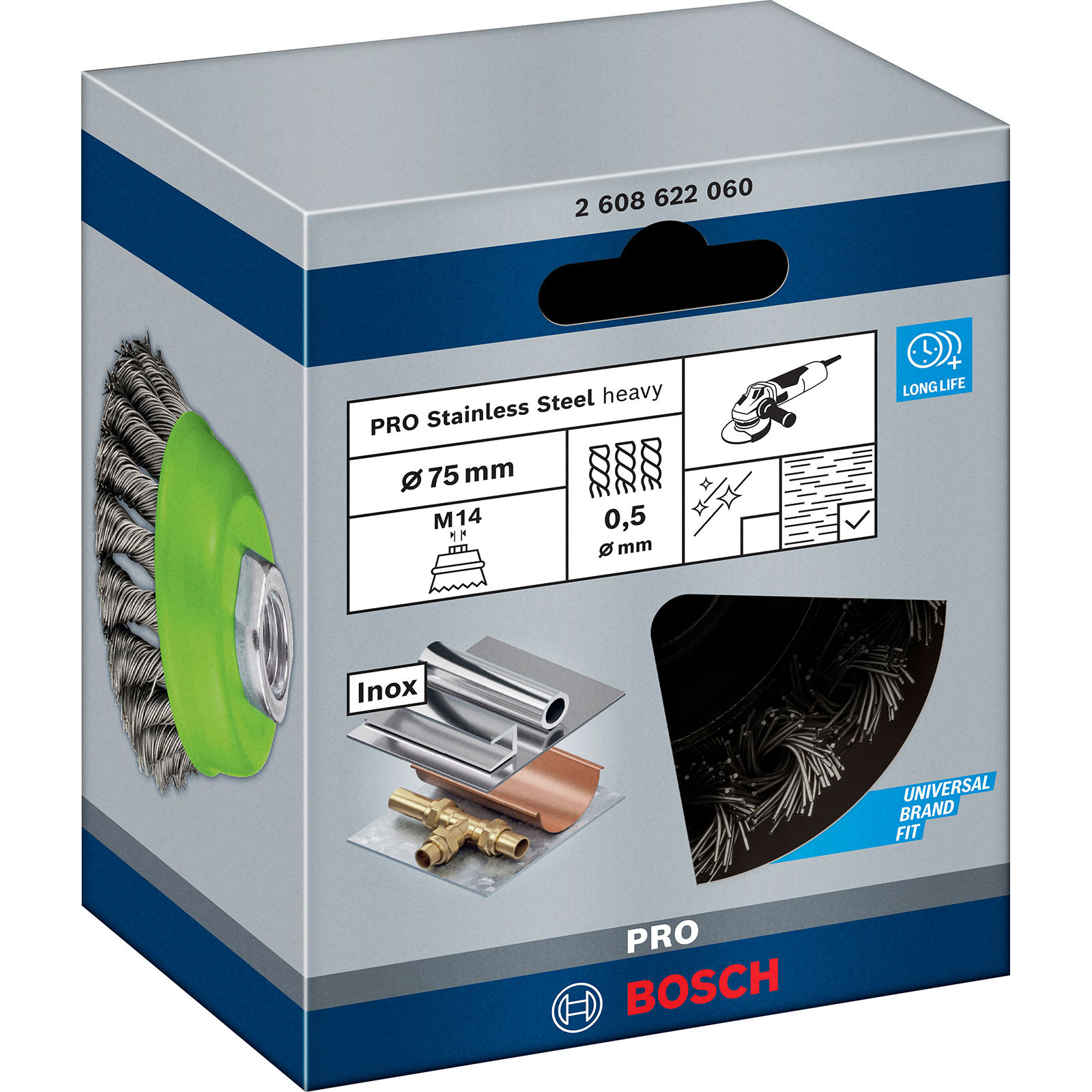 Eine Produktbox mit Drahtbürste und Werkzeugen.
