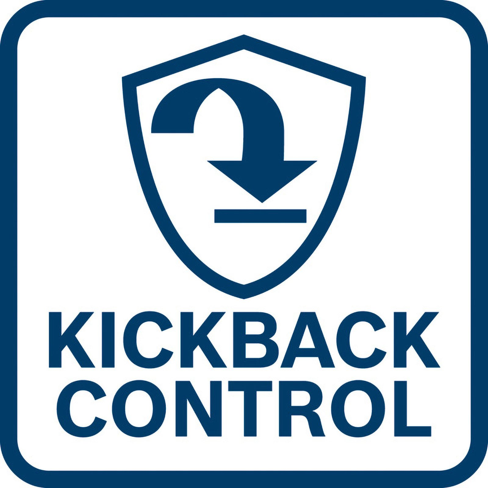 Ein blau-weißes quadratisches Symbol mit dem Text 'KICKBACK CONTROL' und einem nach unten zeigenden Pfeil in einem Schild.