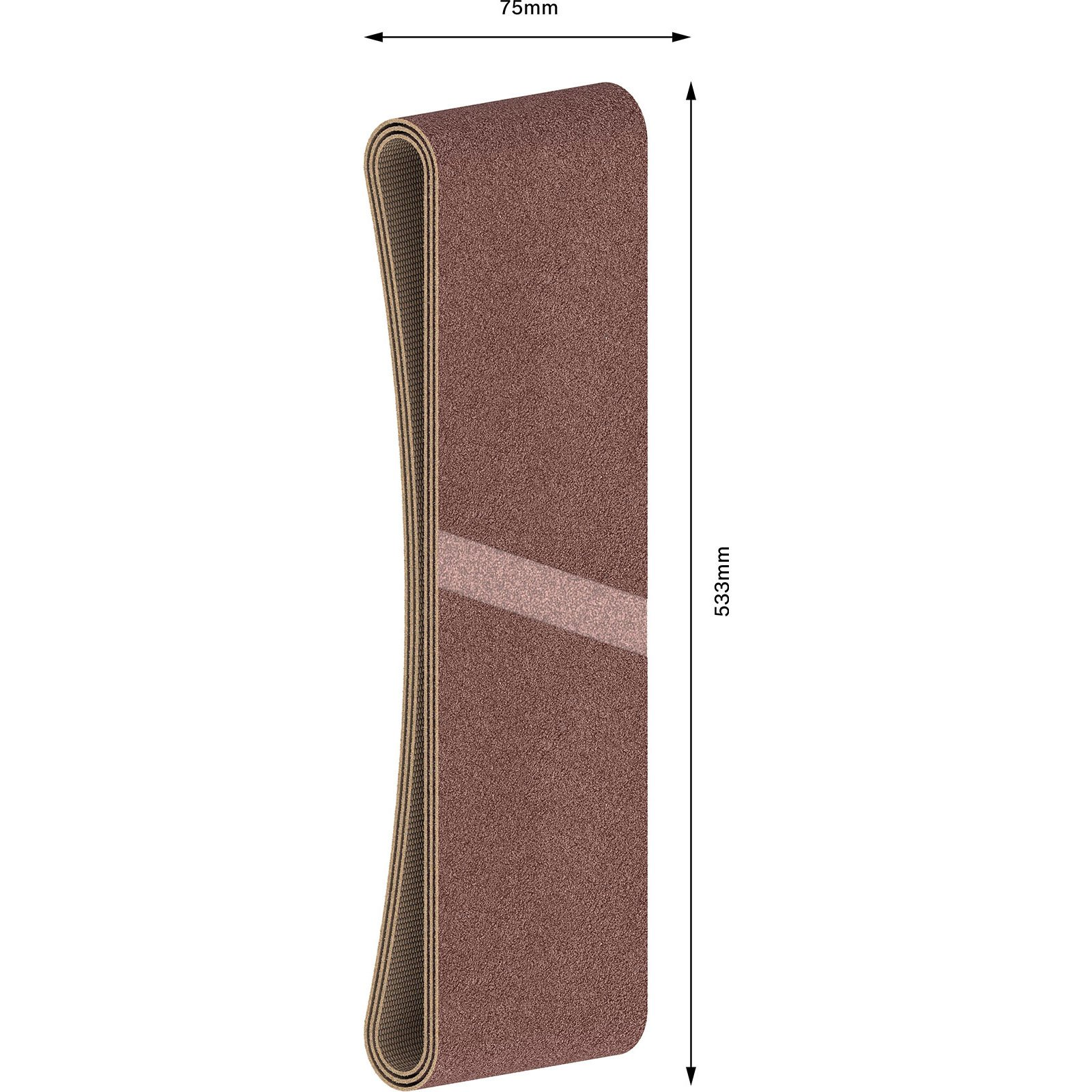Ein brauner Schleifpapierstreifen, 533 mm lang, mit markierten Abmessungen.