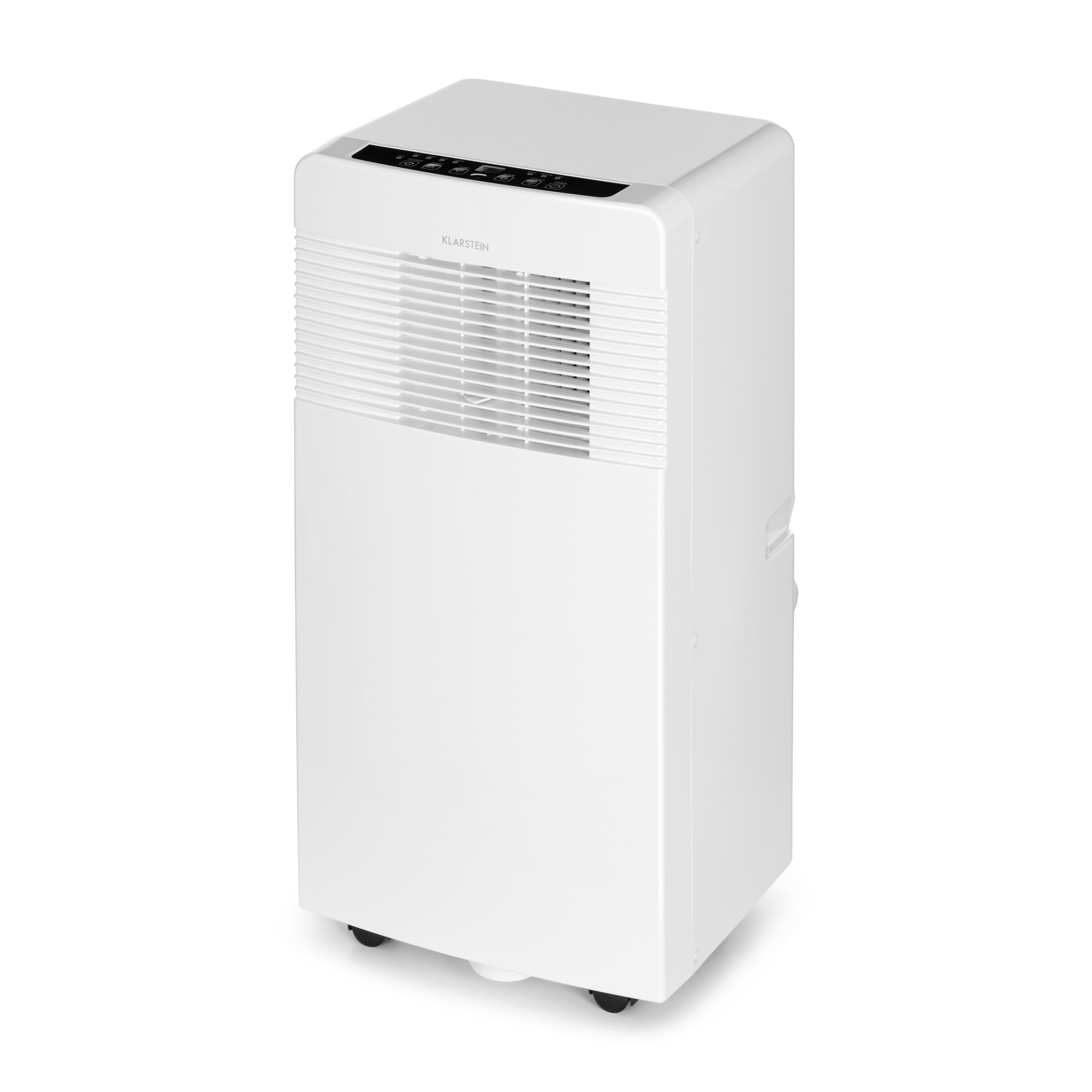 Un aire acondicionado portátil blanco con panel de control. La marca es 'Klarstein'.