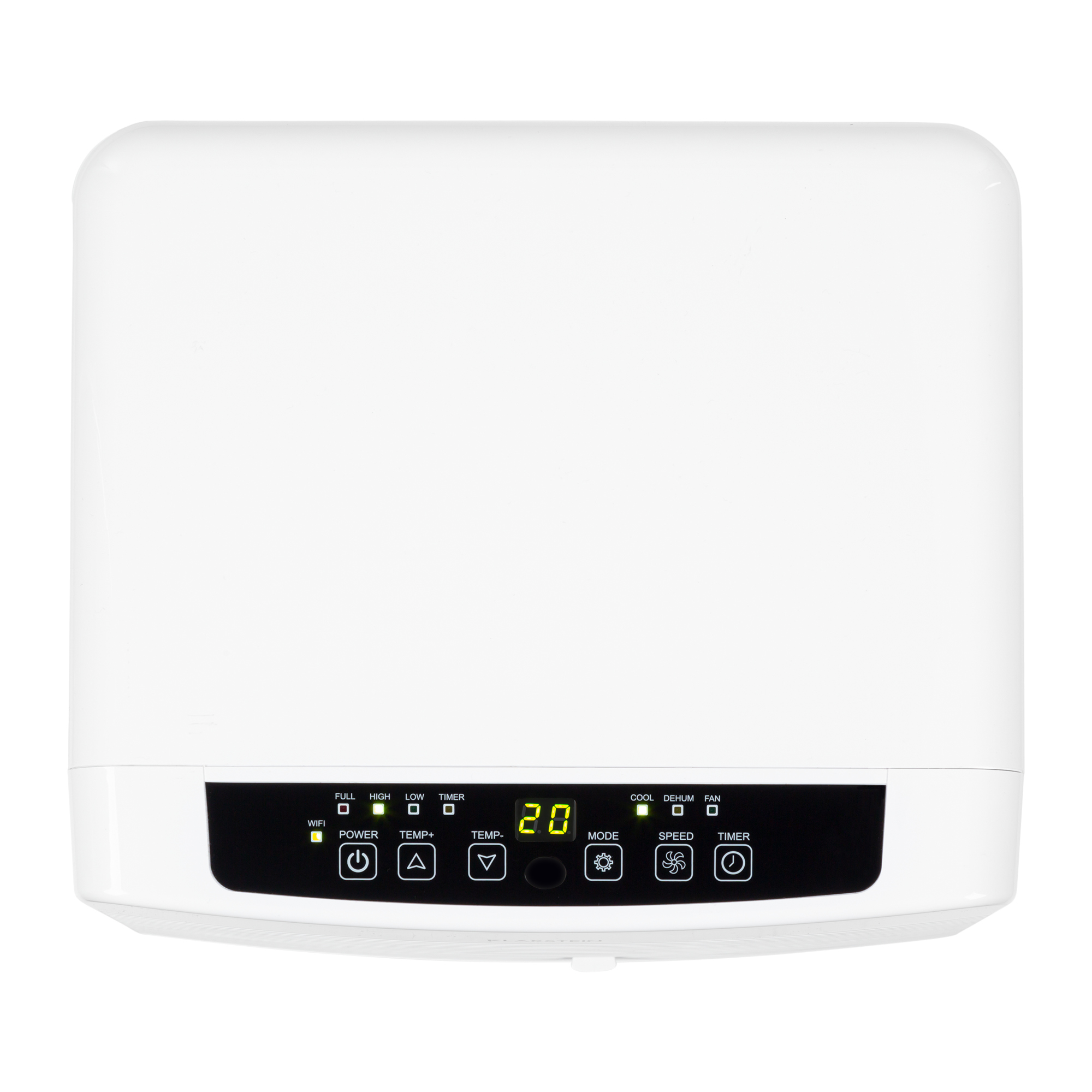Un enfriador de aire blanco con una pantalla digital que muestra 20. Tiene botones de encendido, temperatura, modo, velocidad y temporizador.