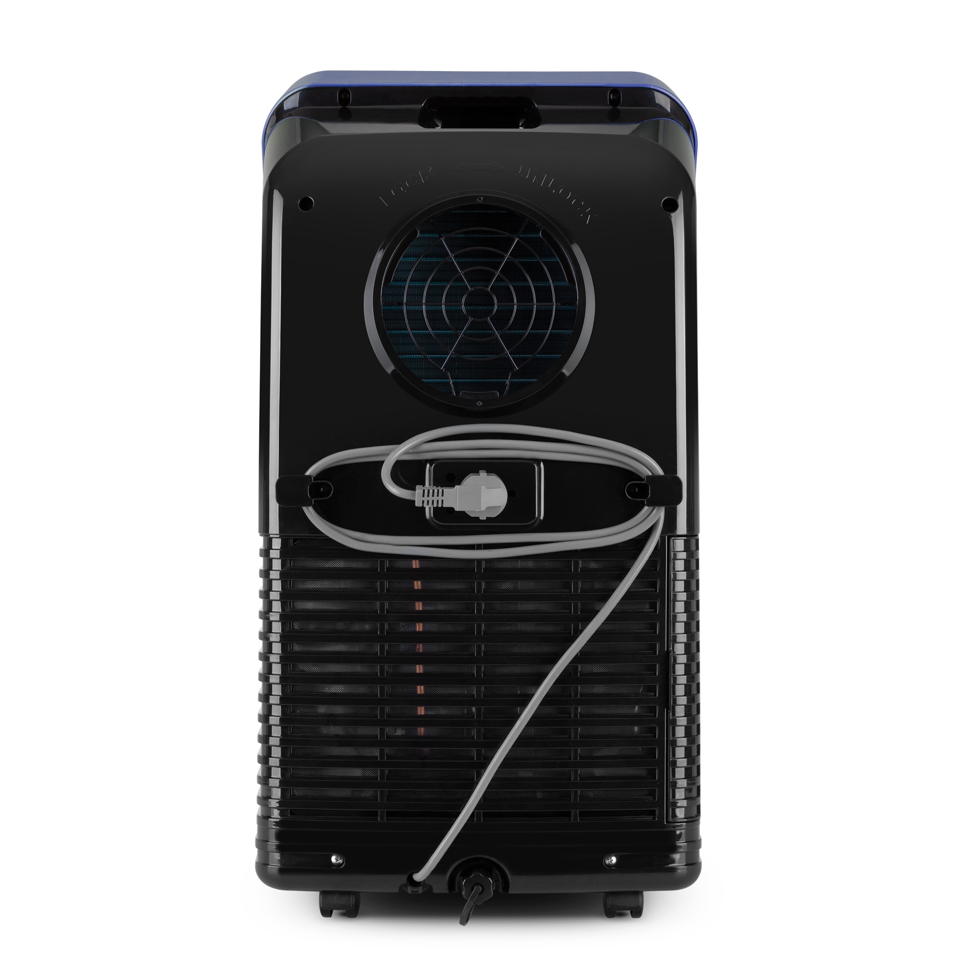Il retro di un condizionatore d'aria portatile blu e nero che mostra la ventola, il cavo e le prese d'aria.