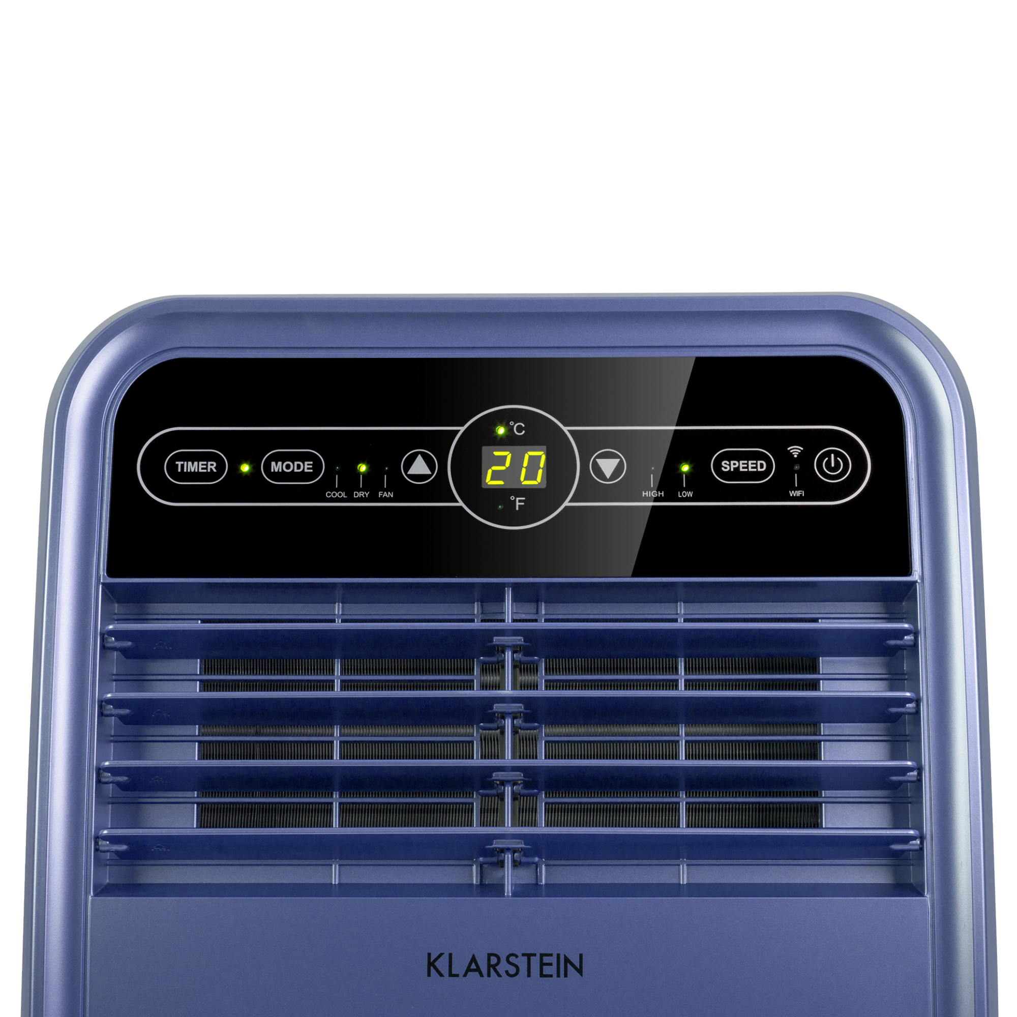 Primo piano del pannello di controllo blu del condizionatore, con display digitale 20 e icone delle funzioni.