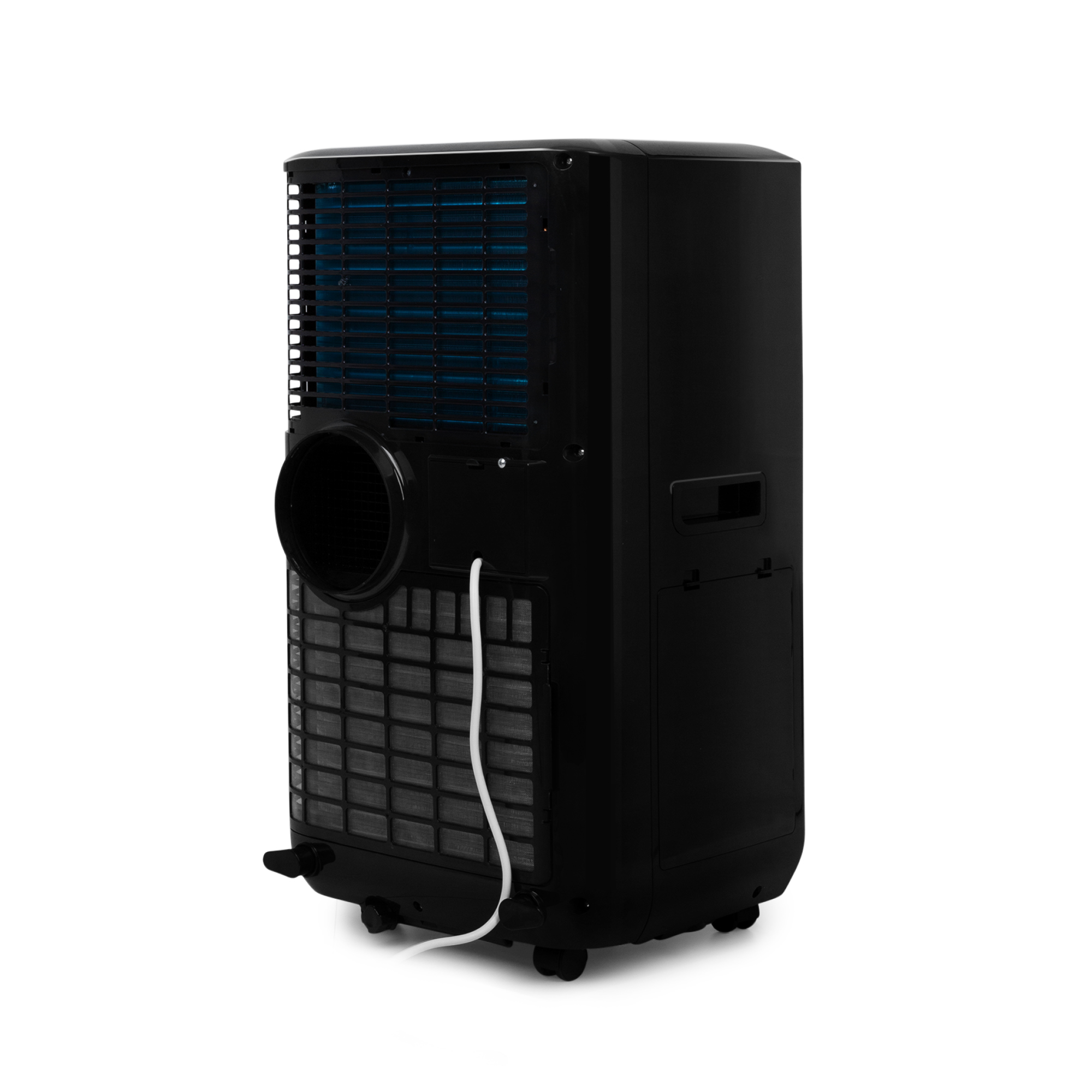 Vista trasera de un aire acondicionado negro, mostrando la ventilación, los filtros y varios componentes.