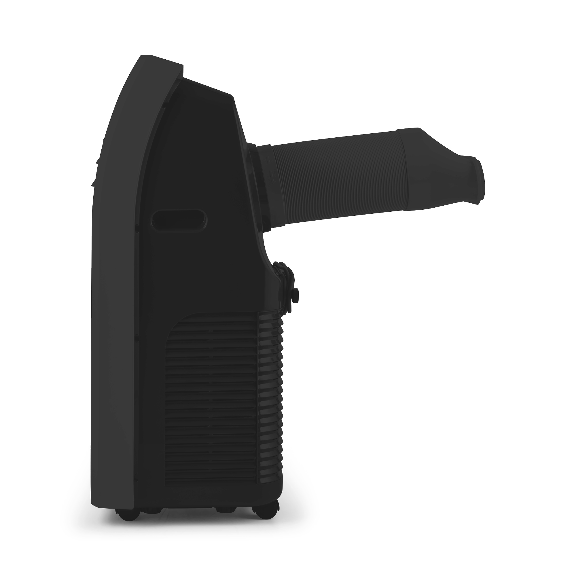 Die Seitenansicht eines schwarzen Klarstein Klimageräts vor einem weißen Hintergrund.