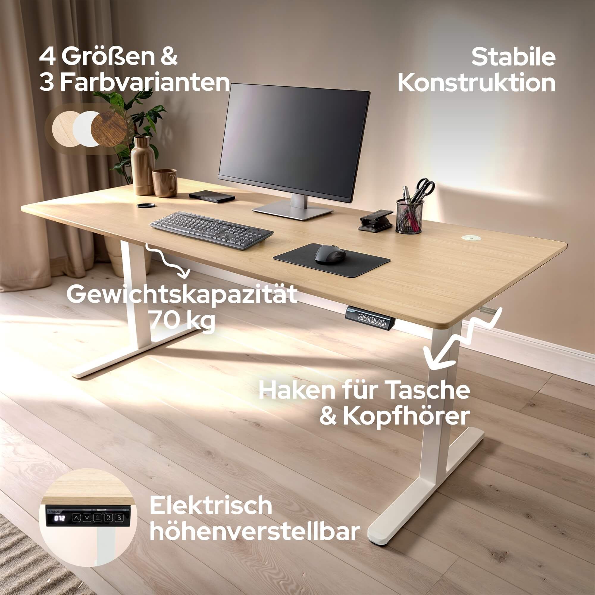 Ein Bürotisch mit Computer, Tastatur und Zubehör. Text auf dem Bild beschreibt Funktionen.