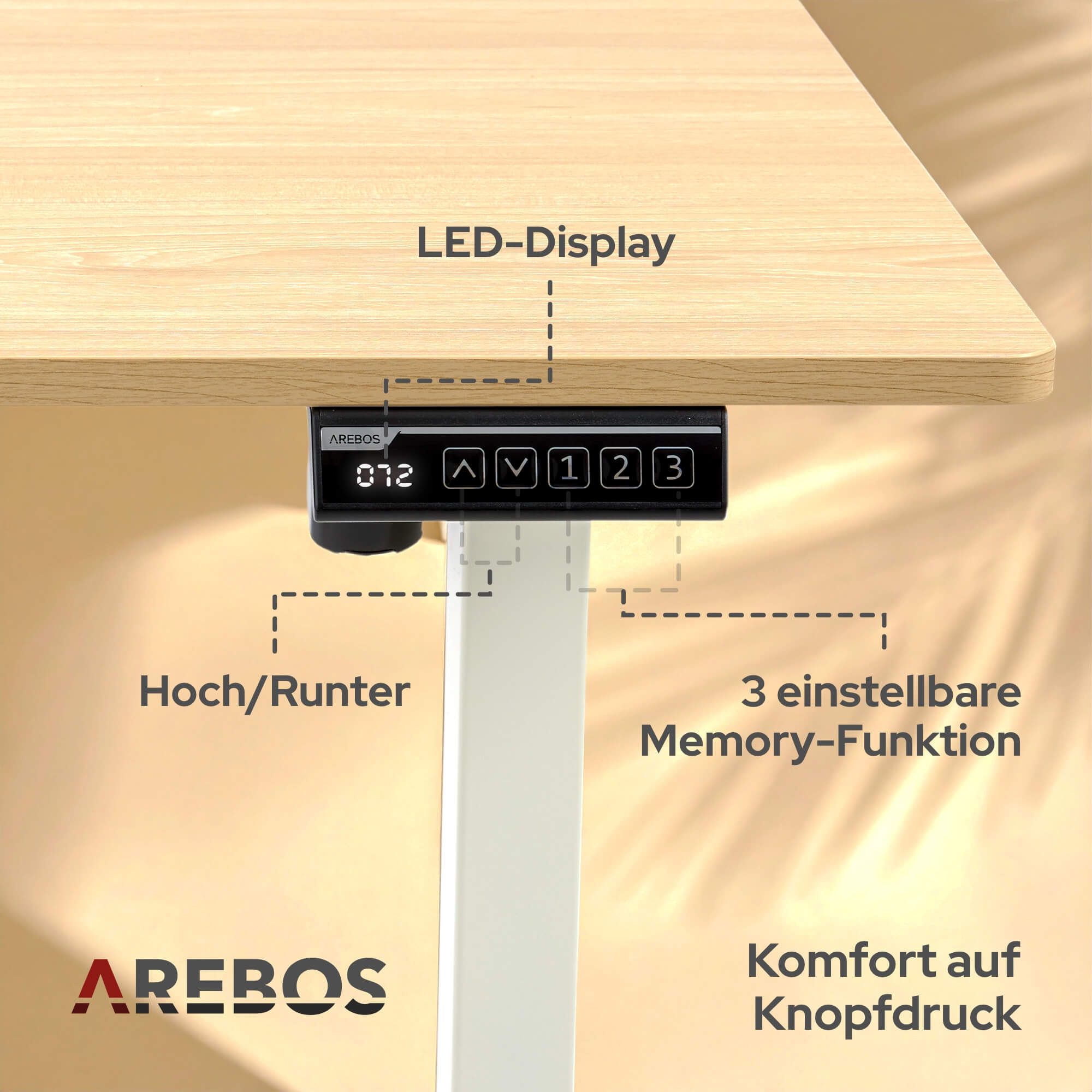 Nahaufnahme eines Schreibtisch-Bedienfelds mit LED-Anzeige. Knöpfe sind vorhanden, der Markenname ist sichtbar.