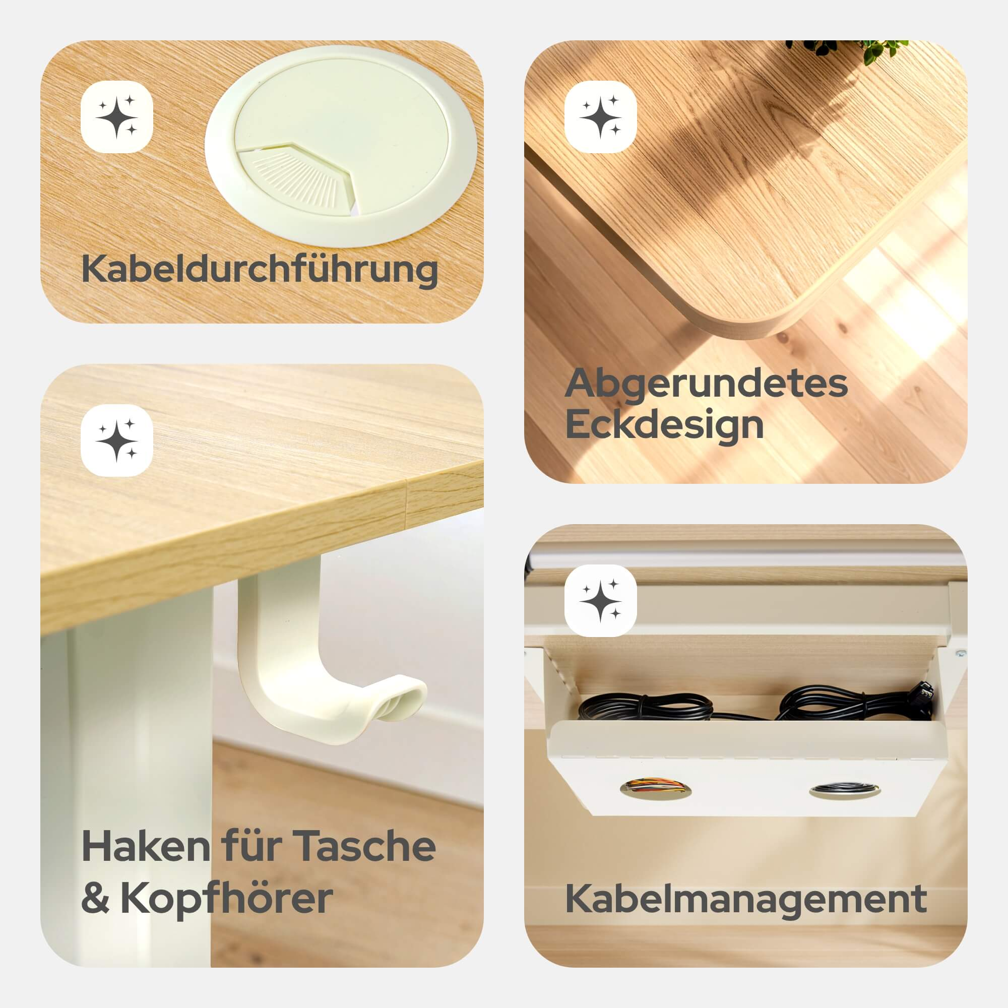 Vier Detailaufnahmen, die Kabelmanagement, abgerundetes Eckdesign, einen Haken für eine Tasche und einen Kabelauslass zeigen.