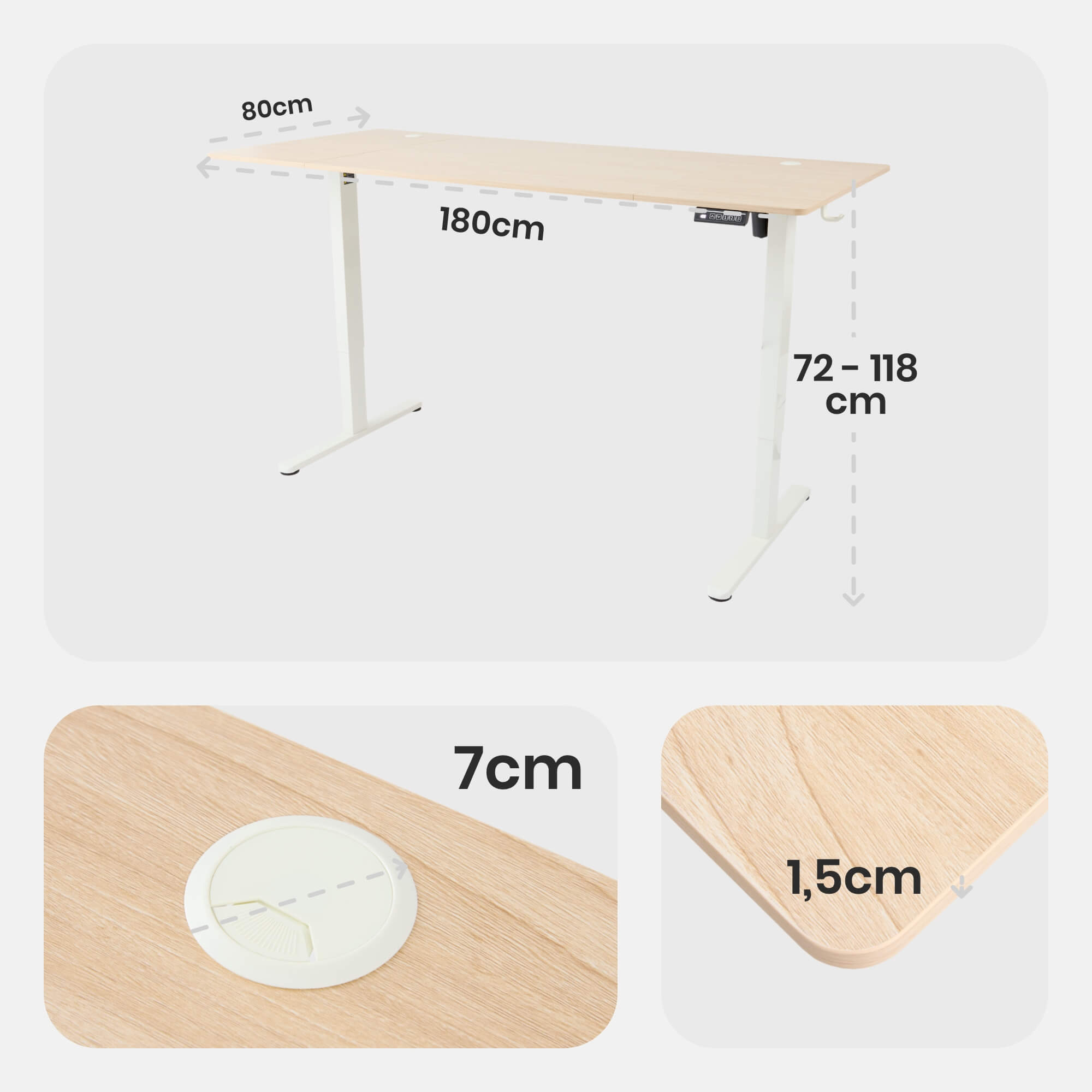 Ein heller Holzschreibtisch mit weißen Beinen wird gezeigt. Die Abmessungen betragen 180 cm x 80 cm, höhenverstellbar 72-118 cm. Detail des Holzes und ein Kabelloch.