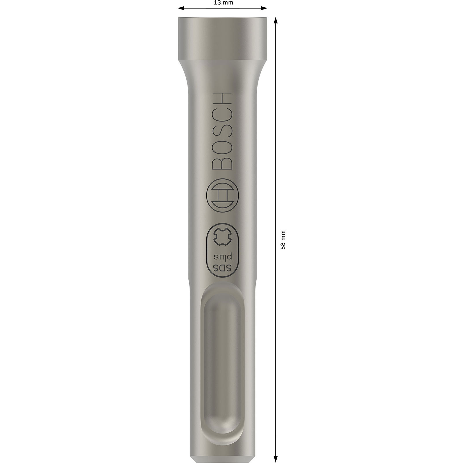 Silberner Bosch SDS plus Bohrer. Er ist 58 mm lang und 13 mm breit. Das Bosch-Logo und SDS plus sind sichtbar.