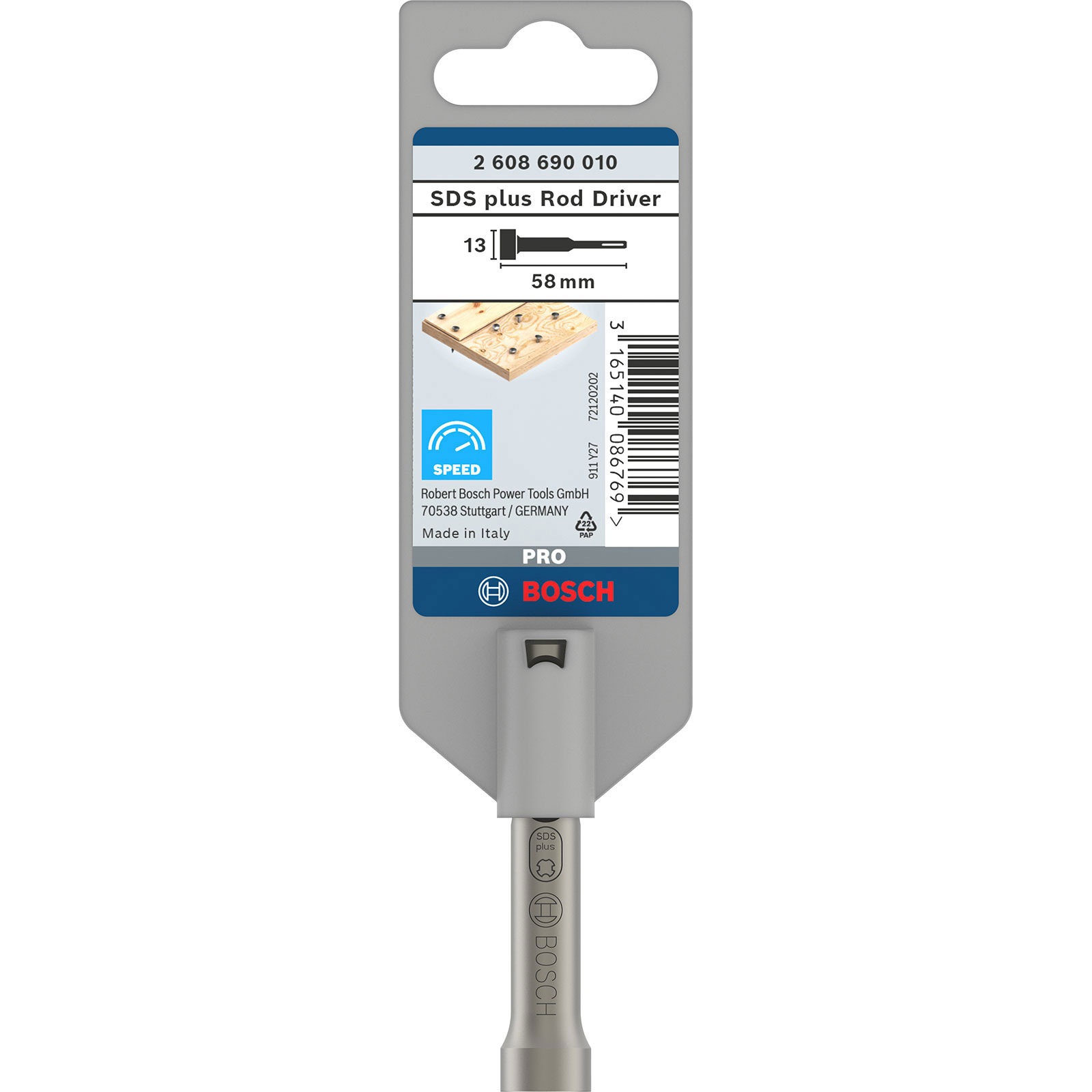 Bosch SDS plus Stangentreiber in Verpackung. Die Verpackung zeigt ein kleines Holzbrett mit Schrauben und das Bosch-Logo.