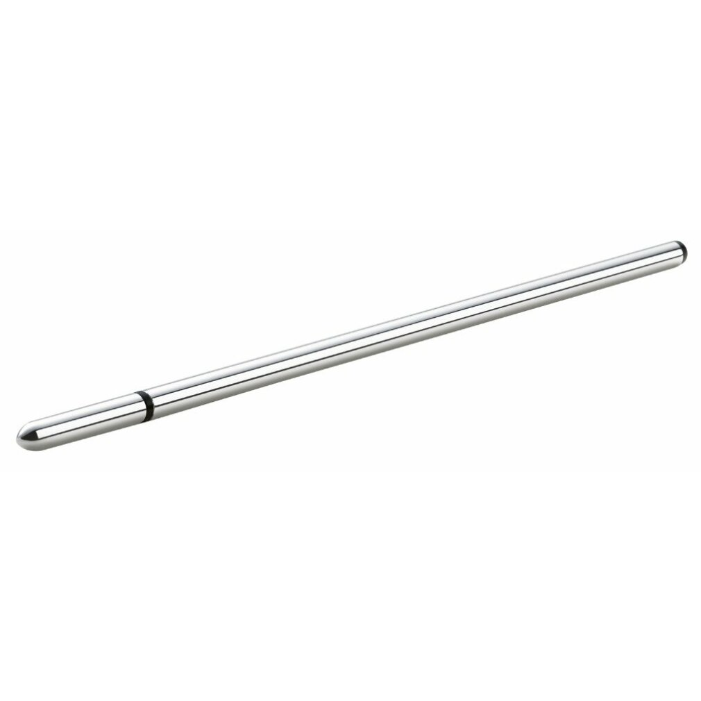 Ein glänzender, silberner Metallstab liegt diagonal auf einem weißen Hintergrund. Der Stab hat eine abgerundete Spitze und einen schwarzen Ring.