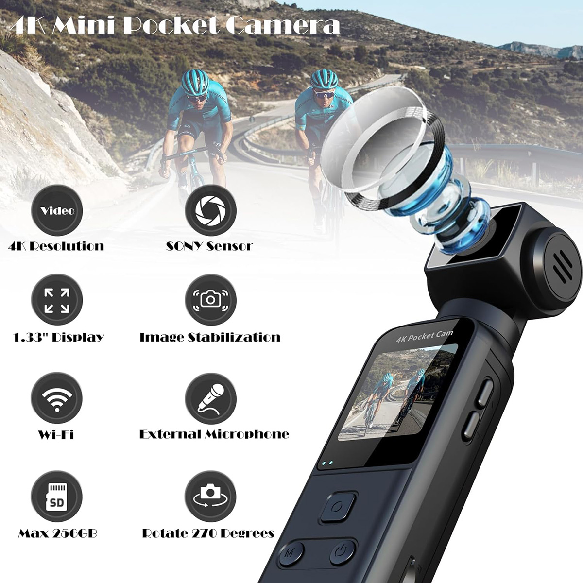 Se muestra una mini cámara de bolsillo 4K con funciones como video, pantalla y estabilización de imagen.