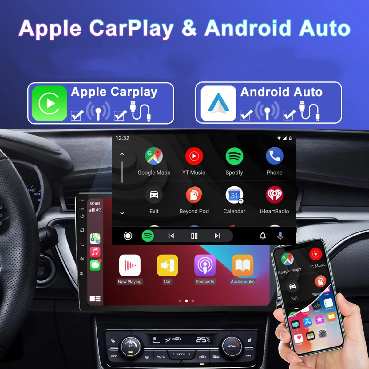 Una pantalla de estéreo de coche muestra las interfaces Apple CarPlay y Android Auto en un salpicadero.