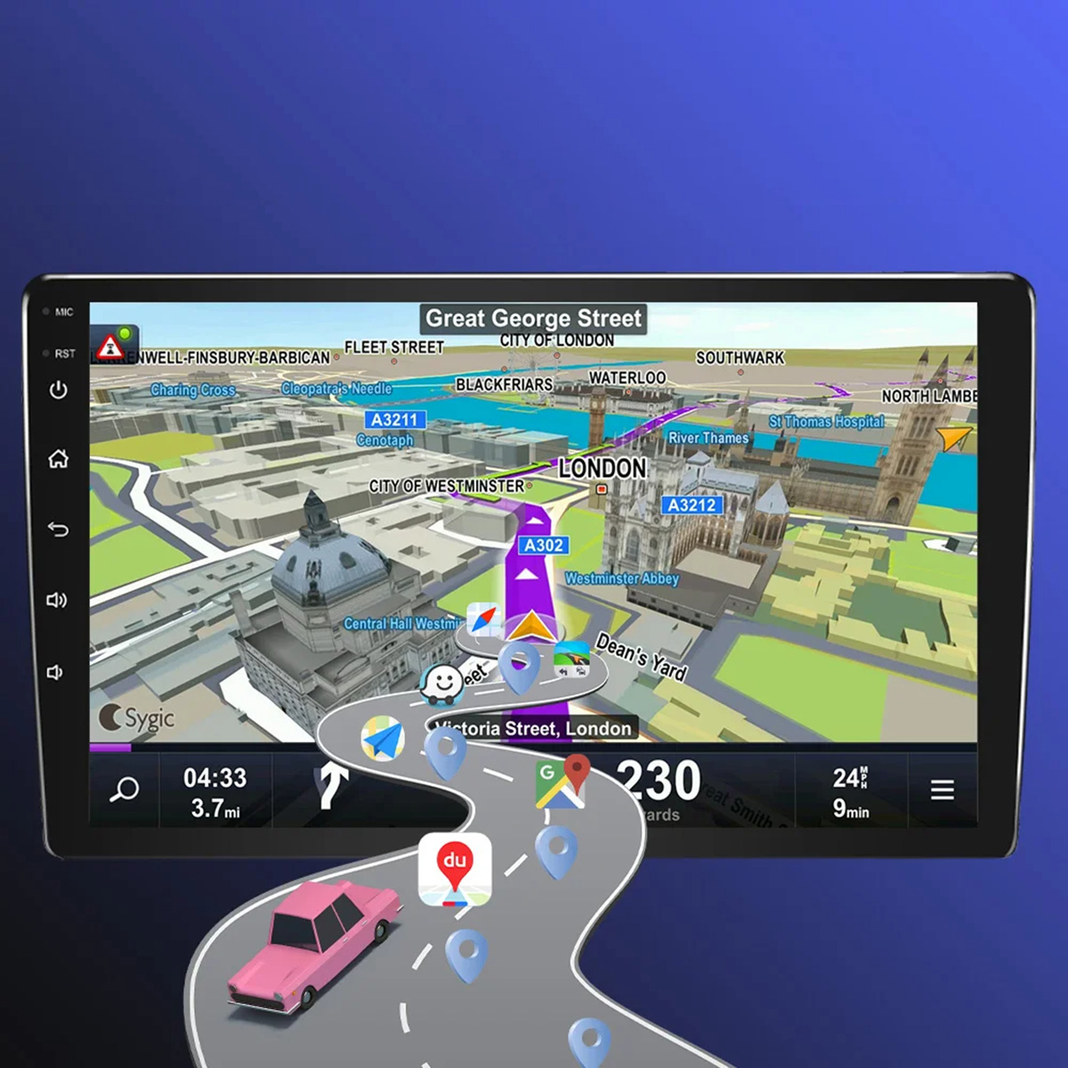 Una pantalla de estéreo de coche muestra un mapa con ruta de navegación y un coche rosa.
