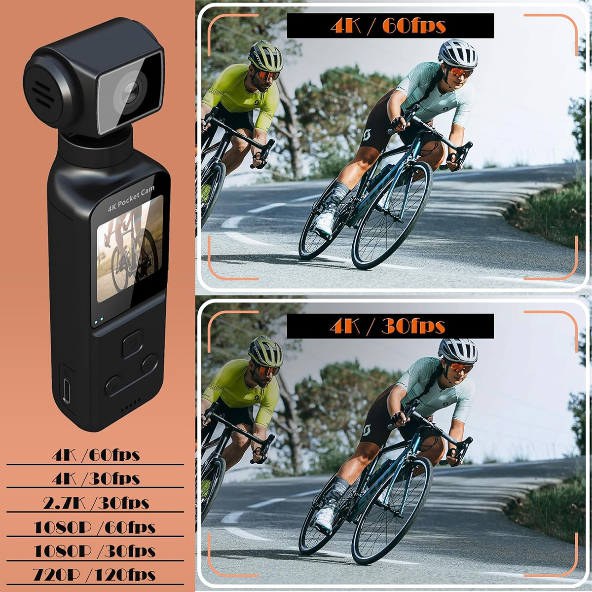 Una cámara de bolsillo con opciones 4K/60fps y 4K/30fps se muestra con ciclistas al fondo.