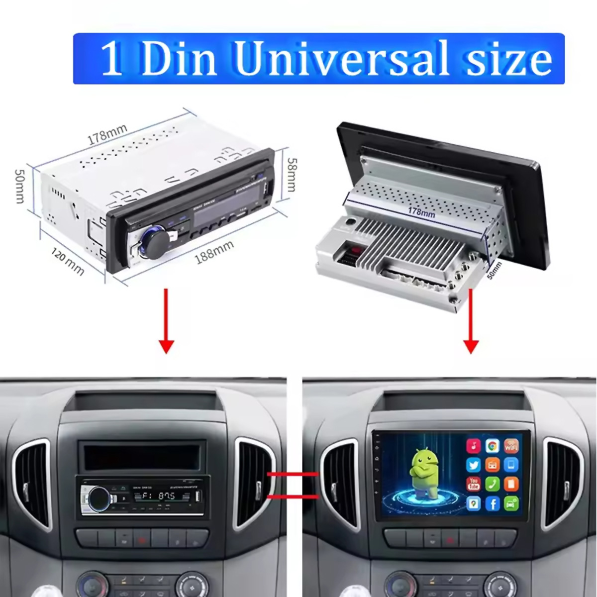 Un sistema estéreo de coche con dimensiones, que muestra un tamaño universal 1-Din y una instalación doble-Din.