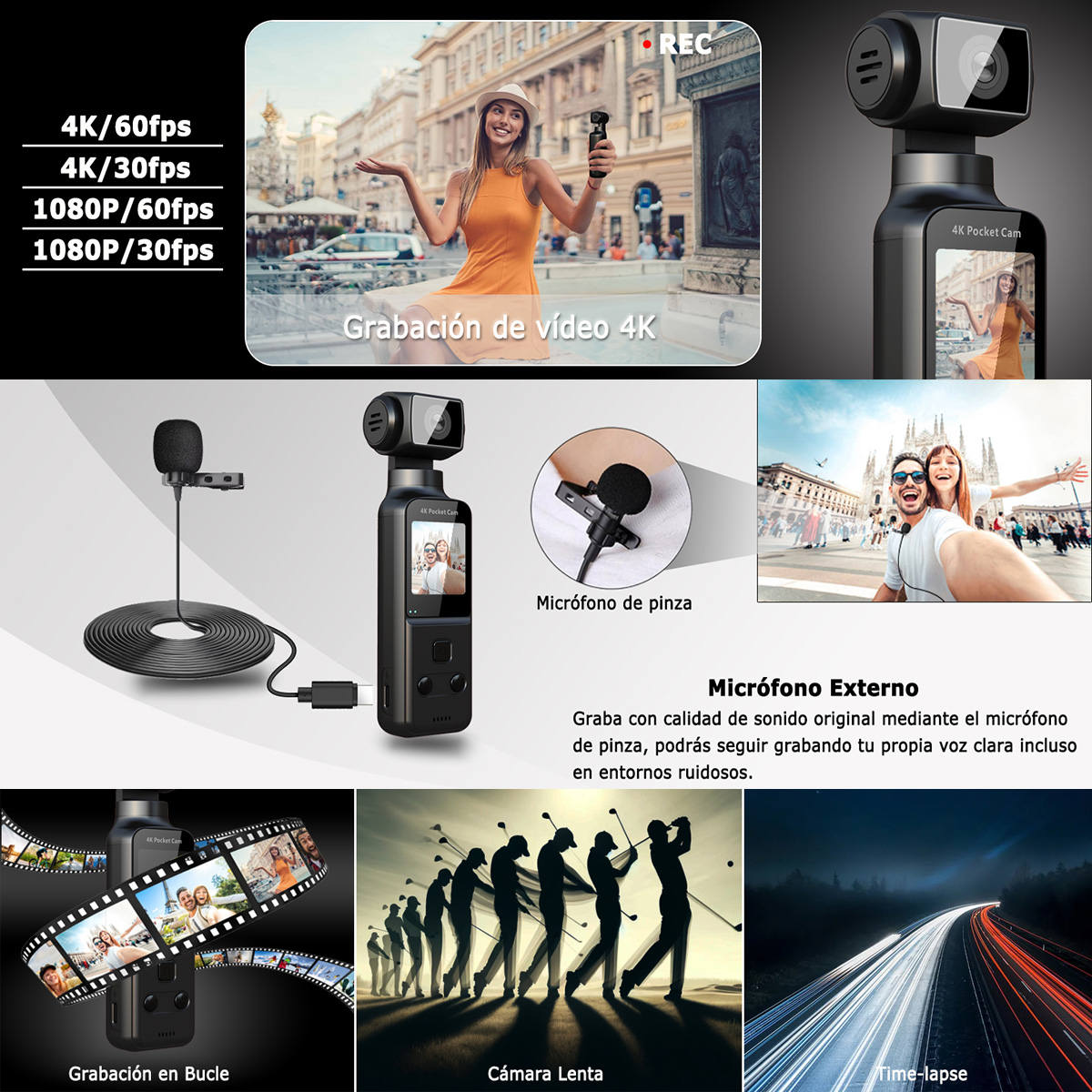 Una cámara de bolsillo con accesorios, incluyendo un micrófono y ejemplos de escenarios de grabación de video.