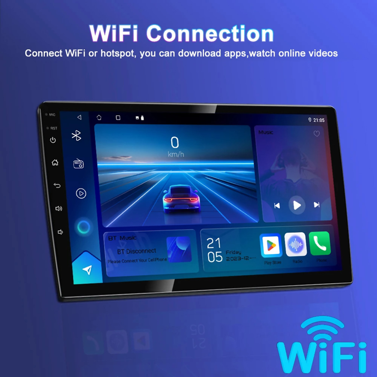 Una pantalla de estéreo de coche con conexión WiFi, mostrando una interfaz de música y el interior del coche.