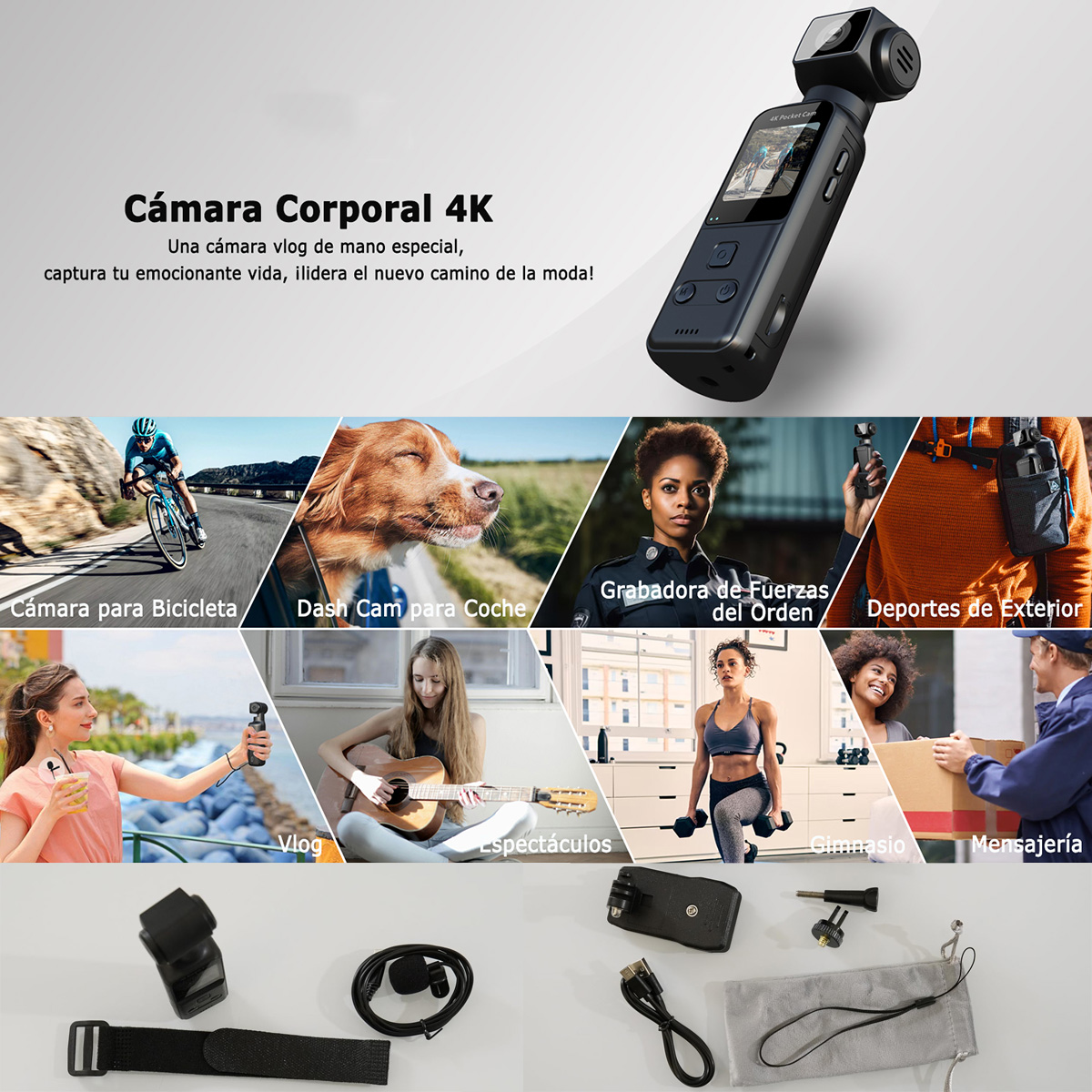 Una cámara de bolsillo 4K se muestra en varios escenarios de uso, con accesorios mostrados abajo.